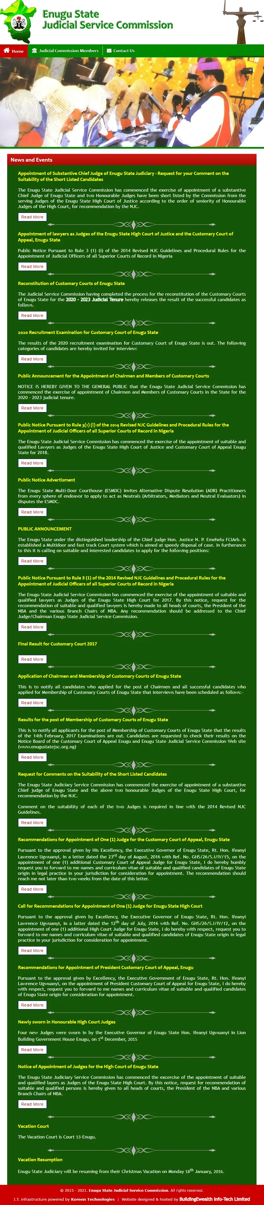 Enugu State Judicial Service Commission Government website homepage showing judicial announcements and public appointments