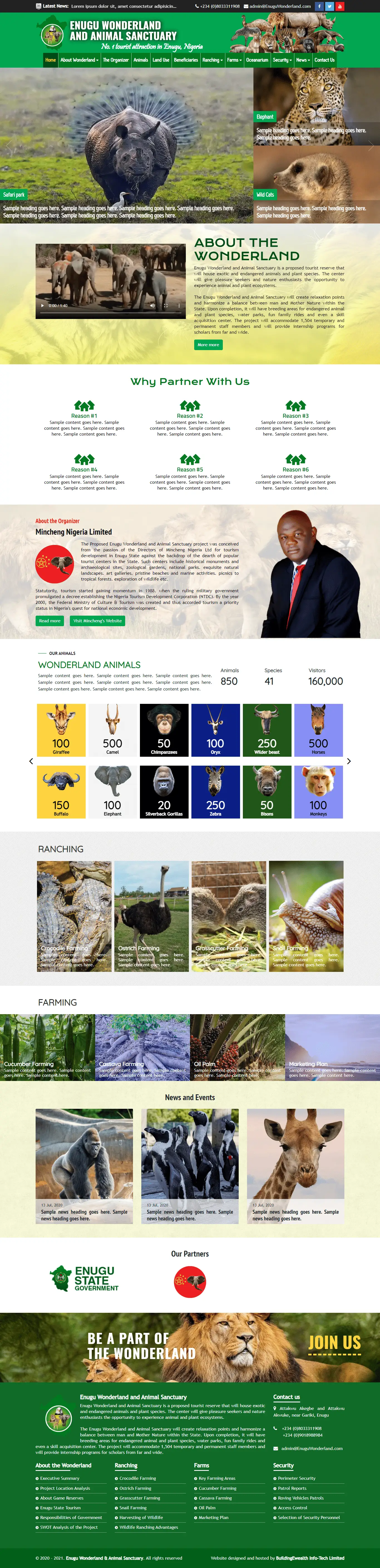 Enugu Wonderland and Animal Sanctuary Tourism website homepage showing wildlife, animal collections, and ranching activities