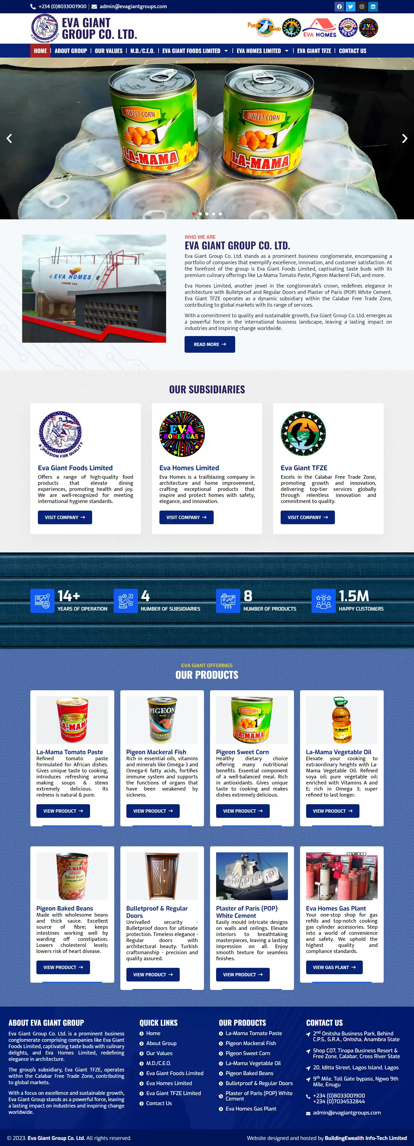 Eva Giant Group Co. Ltd. Conglomerate website homepage showing packaged food products, company overview, and product offerings