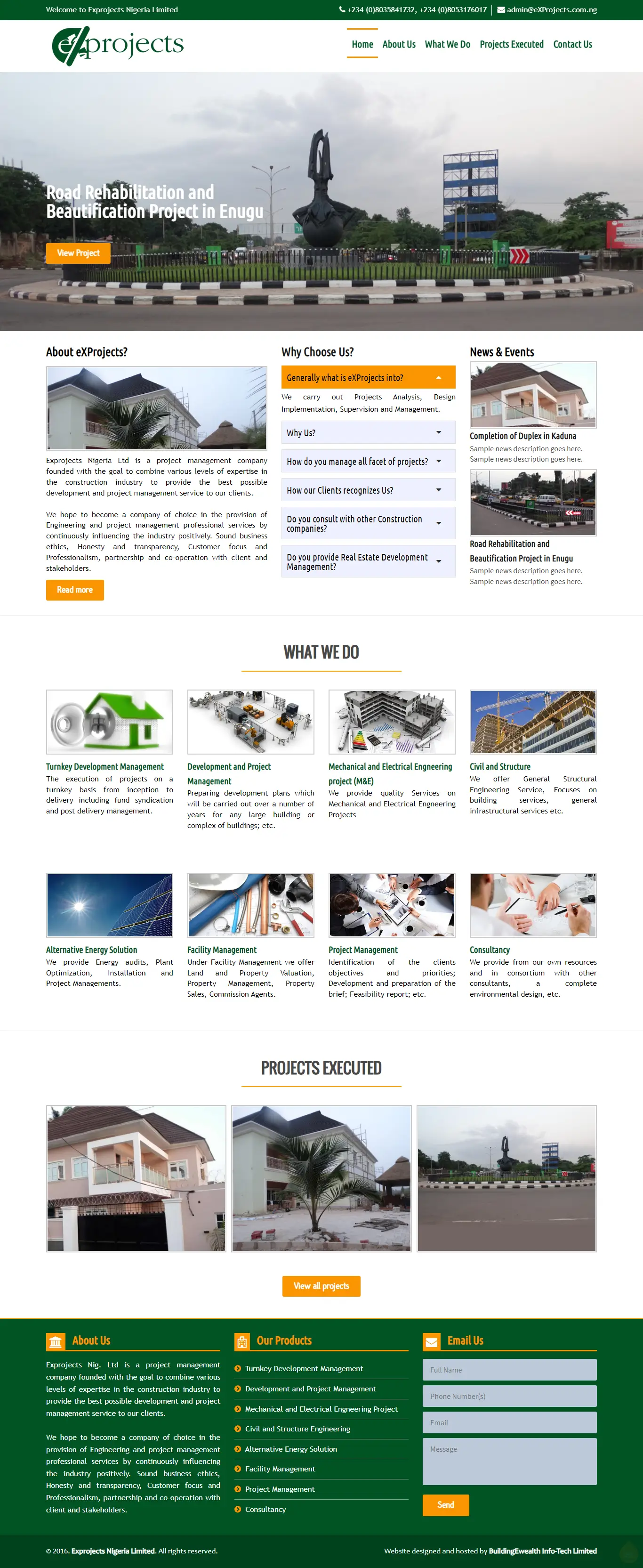 Exprojects Nigeria Limited Construction website homepage showing engineering services, consultancy, and project management