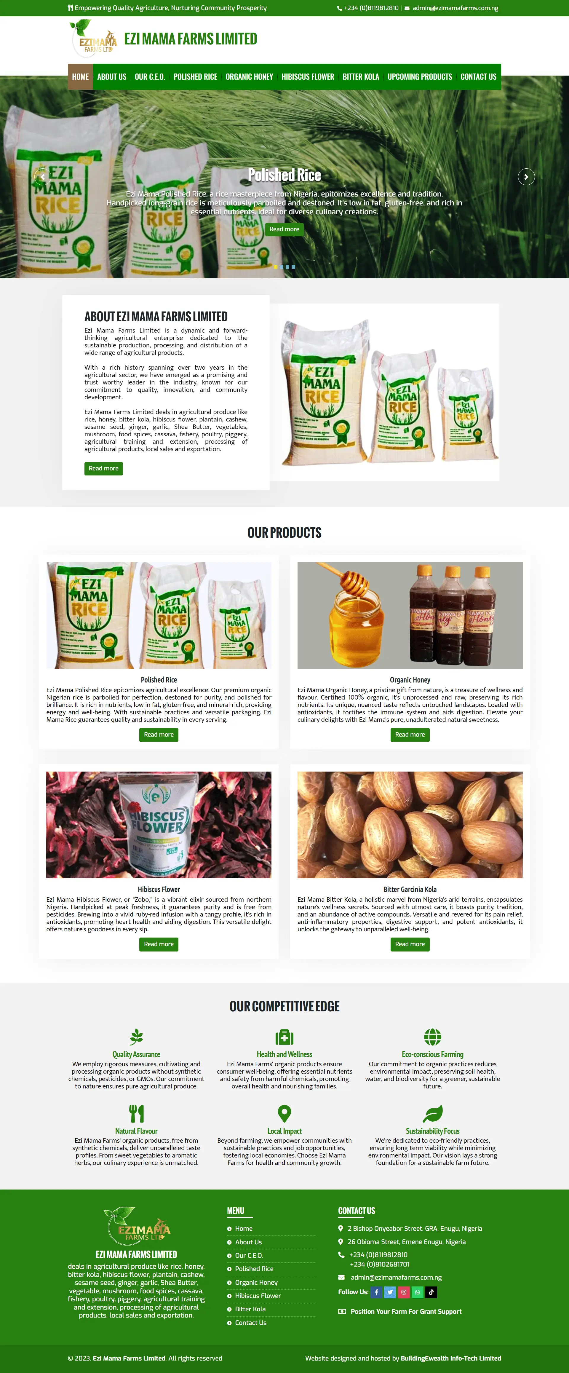 Ezi Mama Farms Limited Agriculture website homepage showing polished rice, organic honey, and other agricultural produce