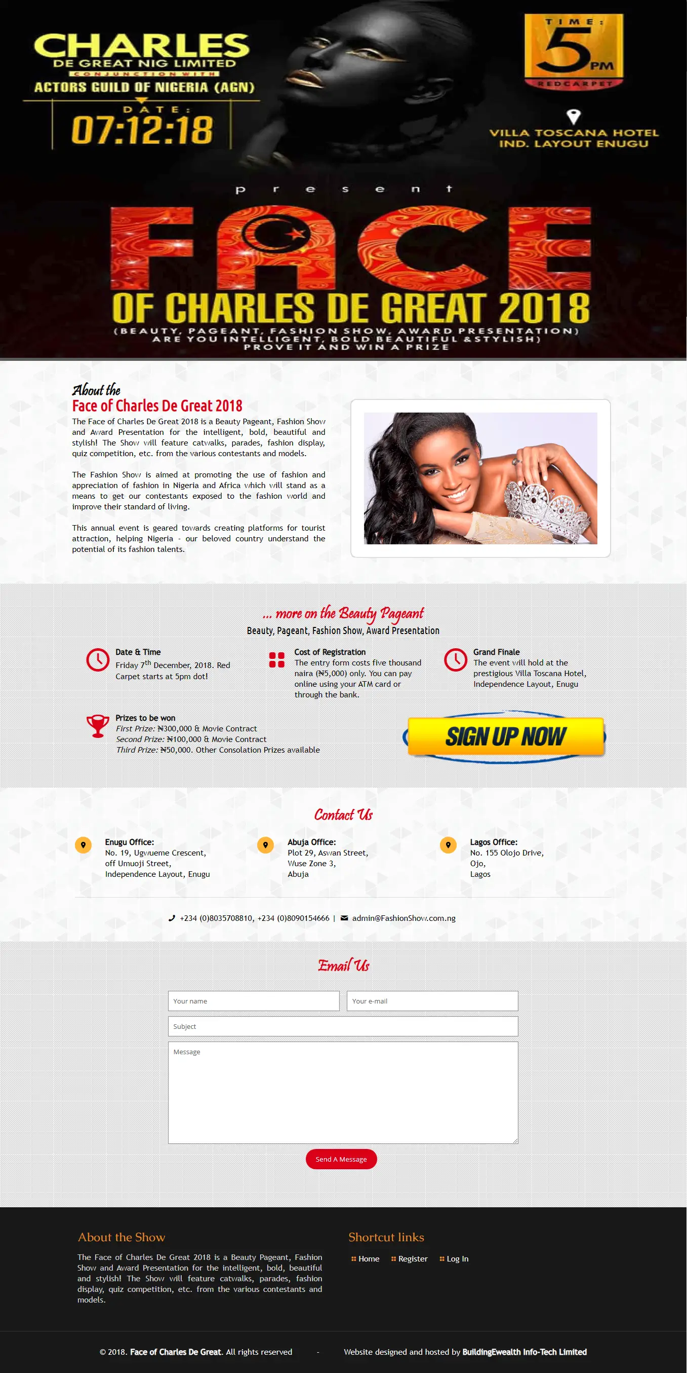 Face of Charles De Great Events website homepage showing beauty pageant registration, event schedule, and contact sections