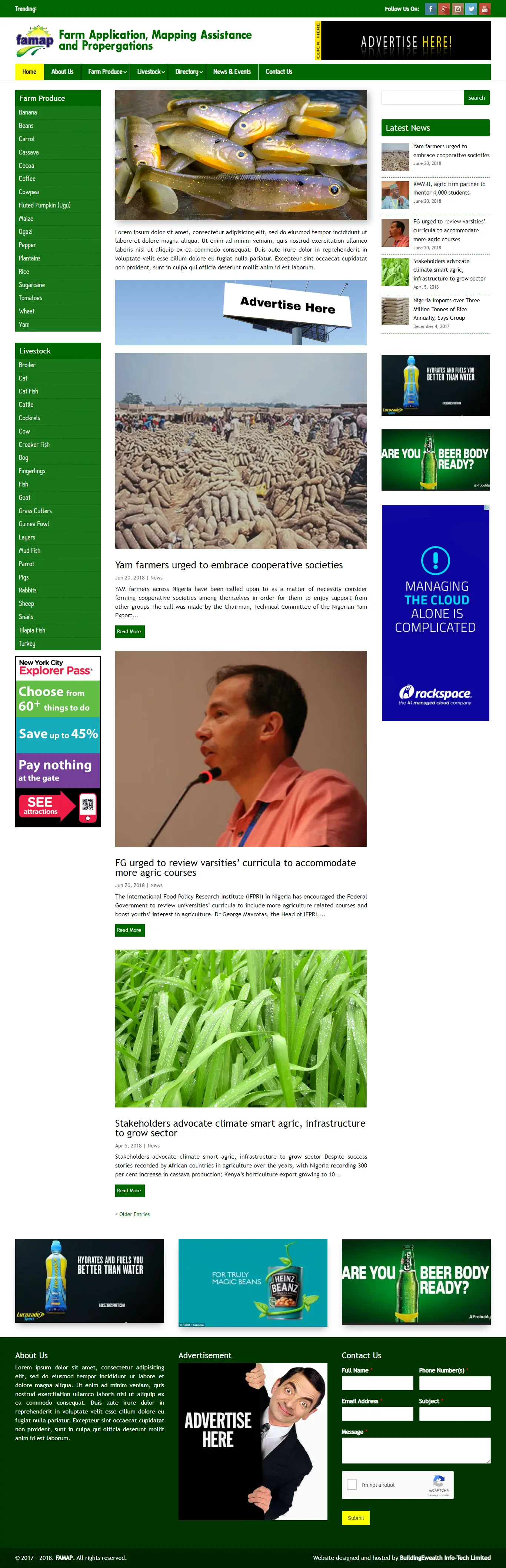 Farm Application, Mapping Assistance and Propagations Agriculture website homepage showing farm produce and livestock info