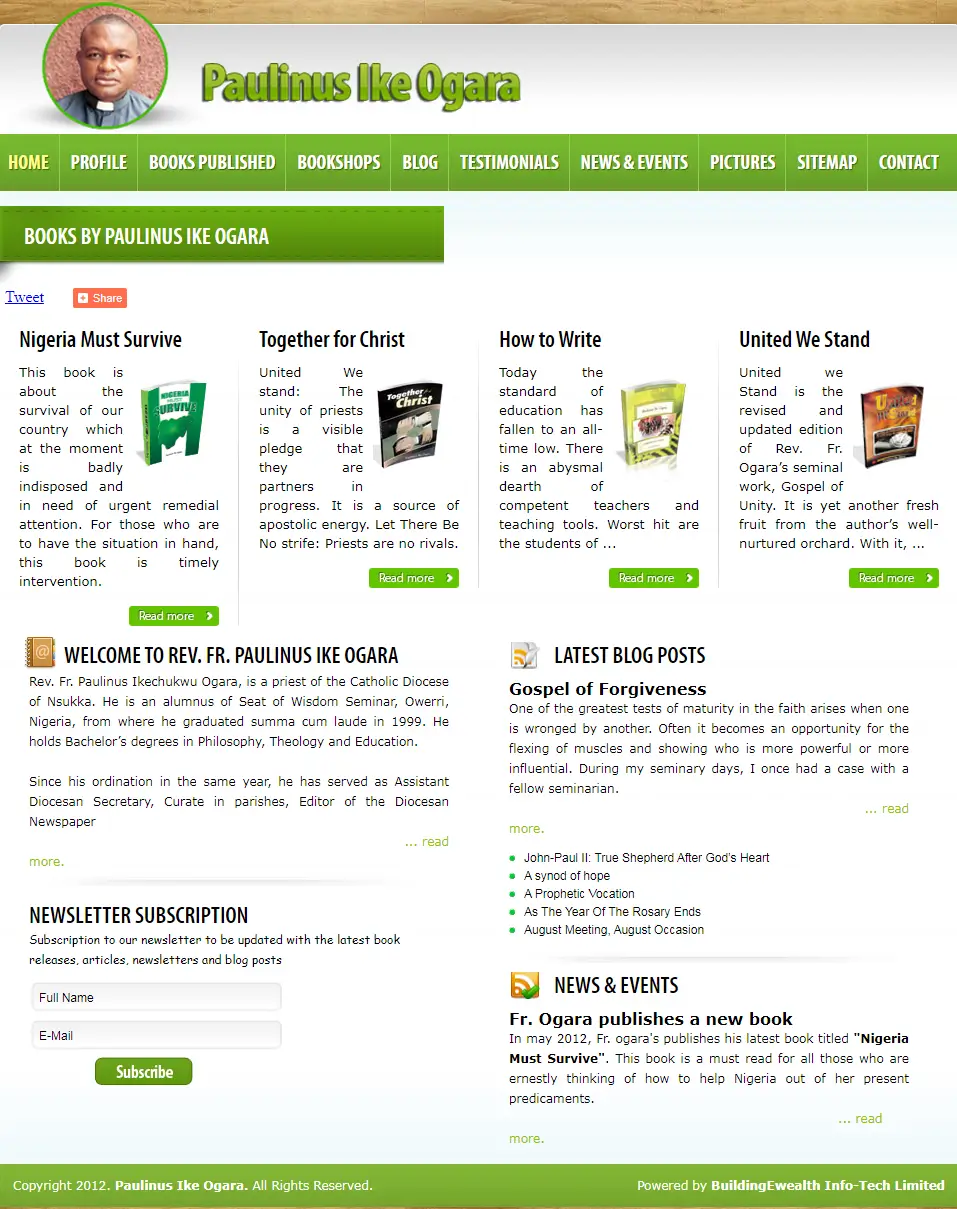 Fr. Paulinus Ike Ogara Authors website homepage showing published books, blog posts, newsletter subscription, and news update