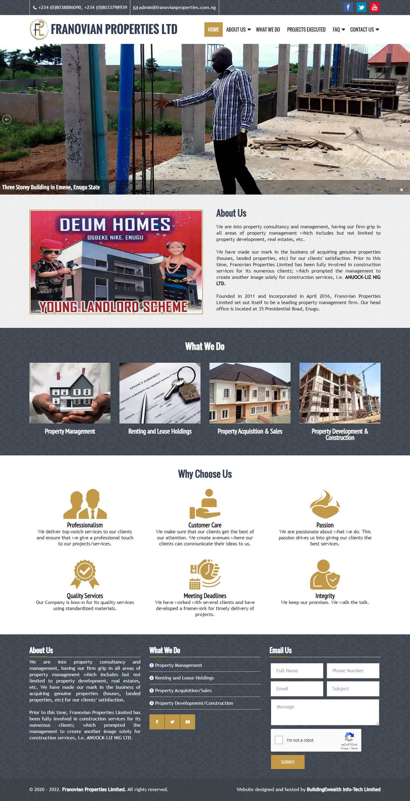 Franovian Properties Limited Real Estate website homepage showing property management, construction projects, and rental services