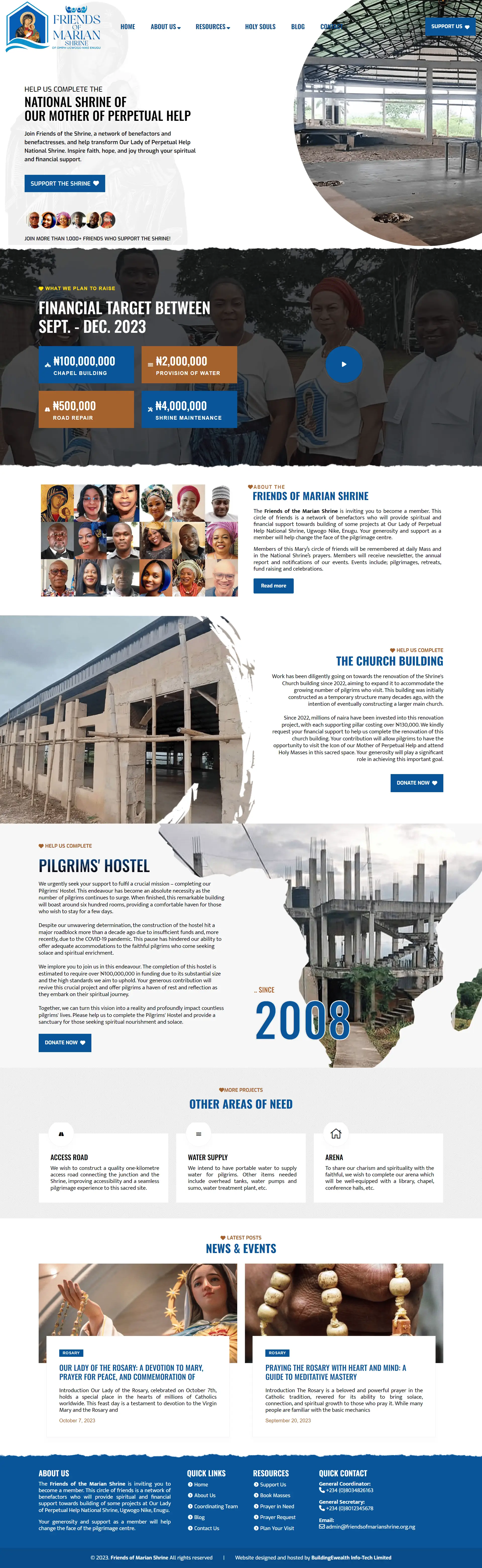 Friends of Marian Shrine Religious website homepage showing donation campaigns, church building, and pilgrims’ hostel projects