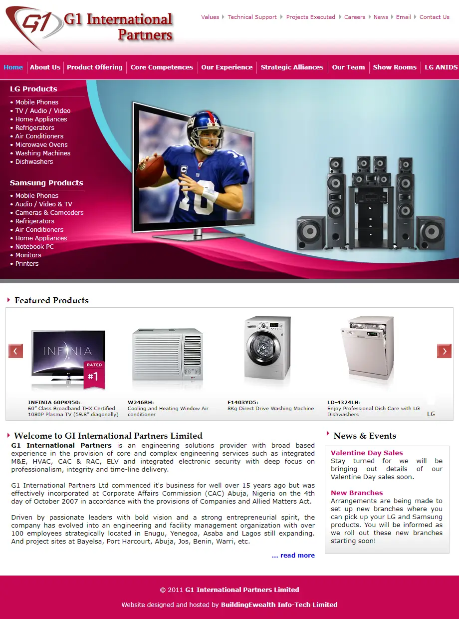 G1 International Partners Limited Engineering website homepage showing electronics, engineering services, and featured appliances