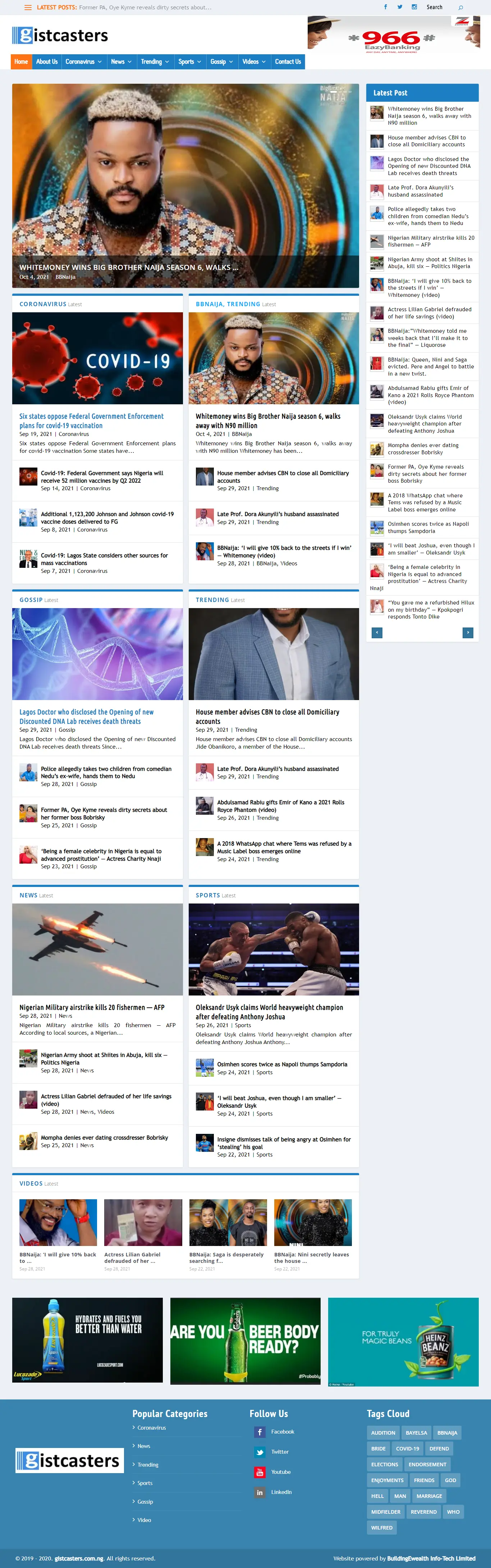 Gistcasters Media website homepage showing trending news, entertainment updates, sports headlines, and featured videos
