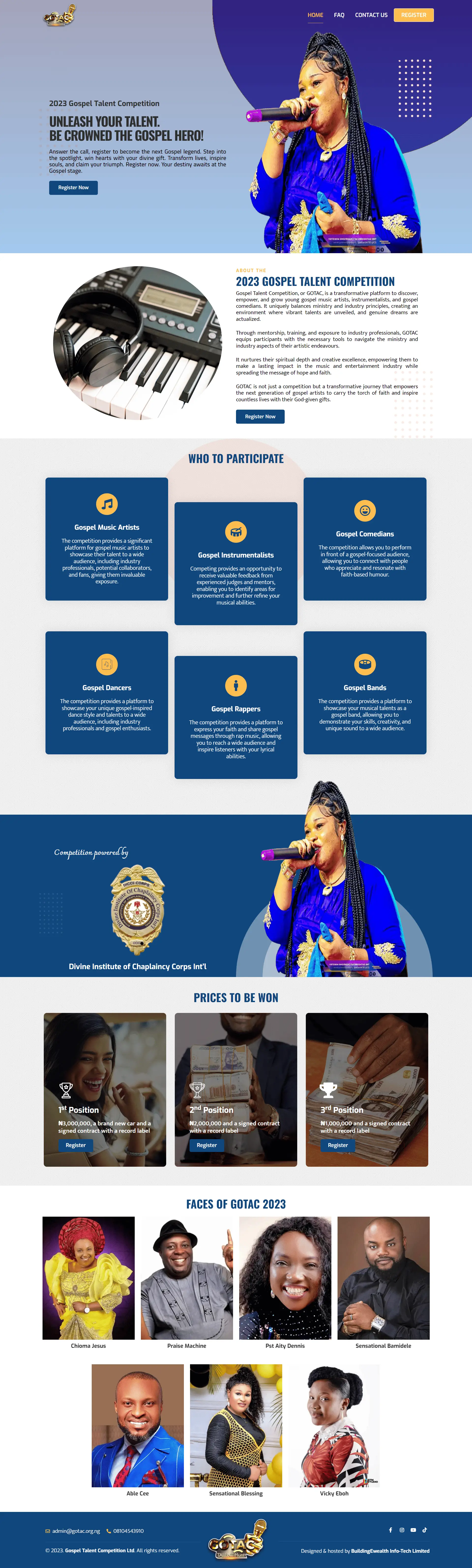 Gospel Talent Competition Events website homepage showing talent categories, prizes, contest judges and registration info