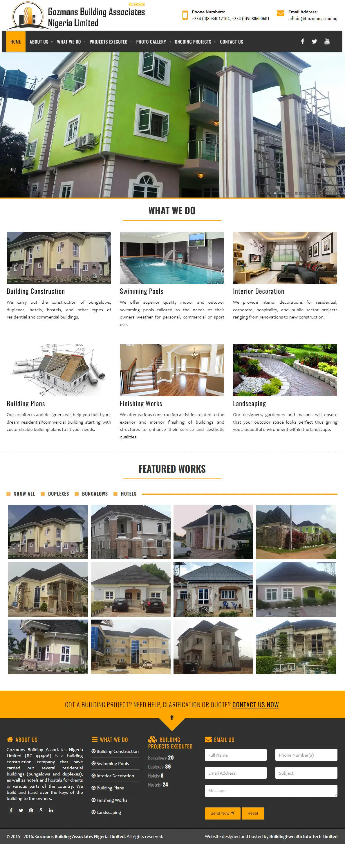 Gozmons Building Associates Limited Construction website homepage showing building, interior decoration, and construction works