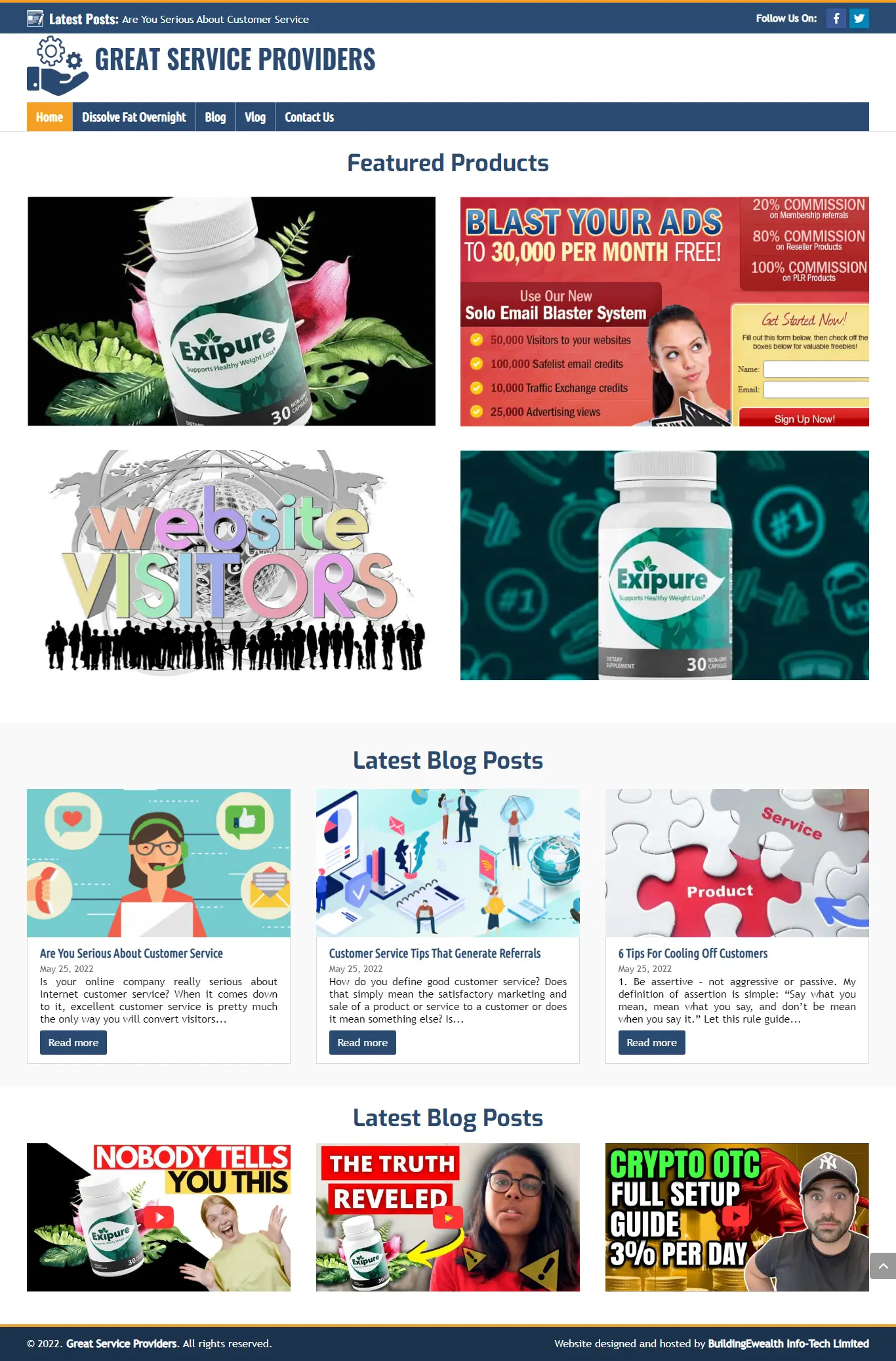 Great Service Providers Media website homepage showing featured products, customer service content, and promotional videos