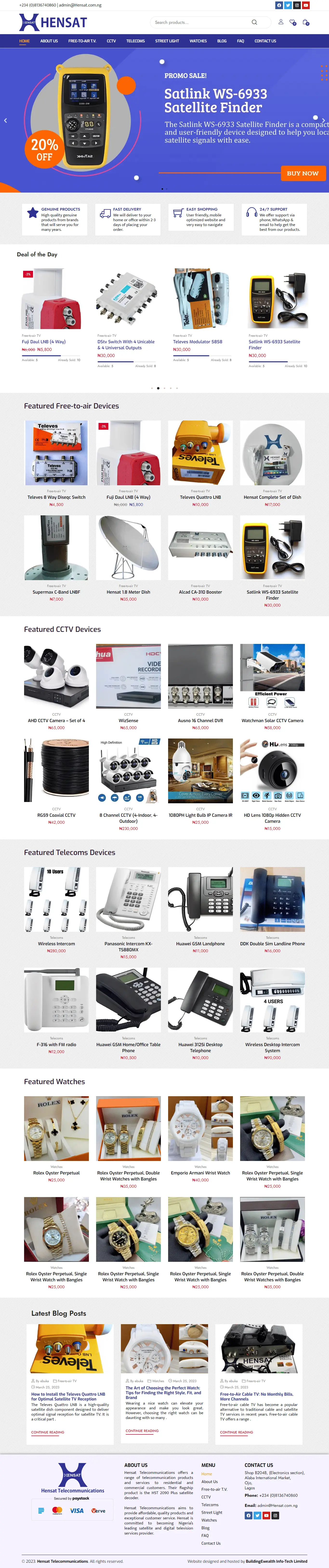 Hensat Telecommunications website homepage showing satellite devices, CCTV systems, telecom equipment, and featured products