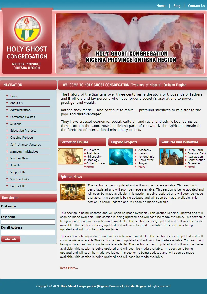 Holy Ghost Congregation Nigeria Onitsha Religious website homepage showing their spirituality, formation and mission projects