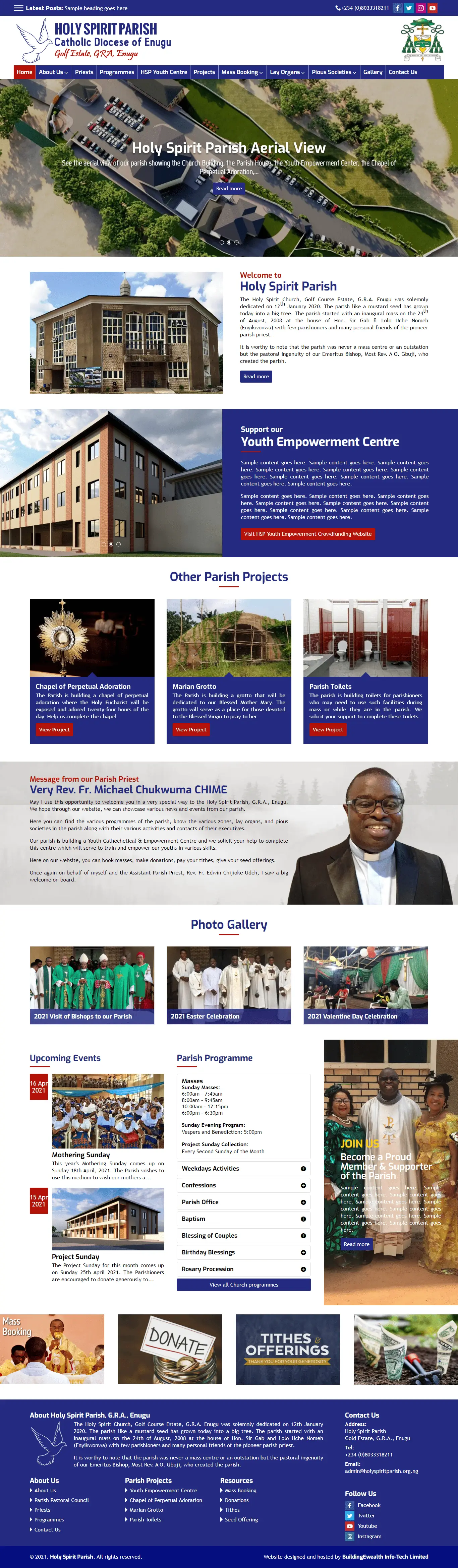 Holy Spirit Parish Religious website homepage showing parish projects, youth empowerment centre, photos, and church programs