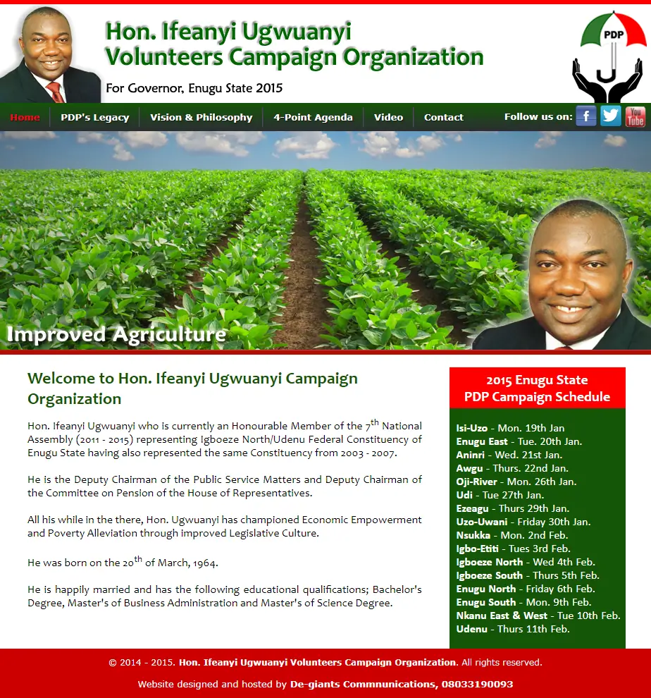 Hon. Ifeanyi Ugwuanyi Volunteers Campaign Organization Politics website homepage showing his agenda and campaign details