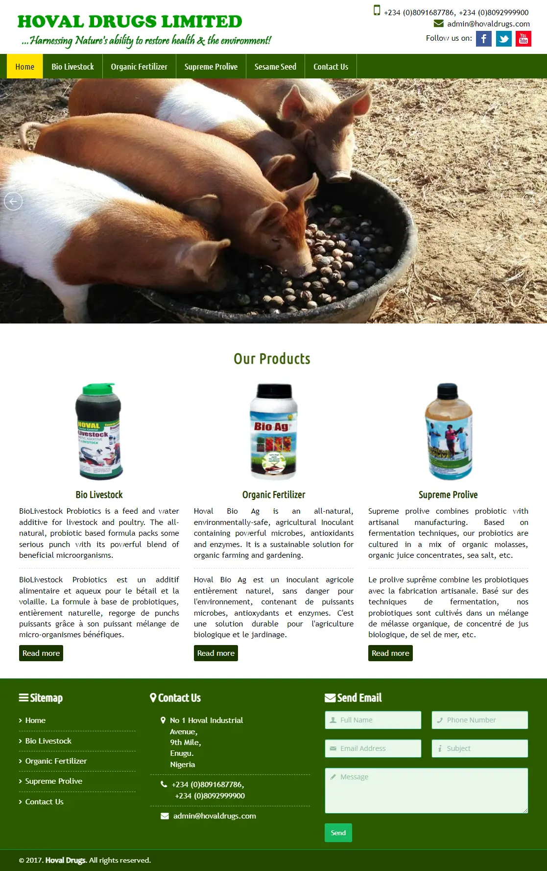 Hoval Drugs Limited Agriculture website homepage showing livestock products, organic fertilizer, and probiotic products