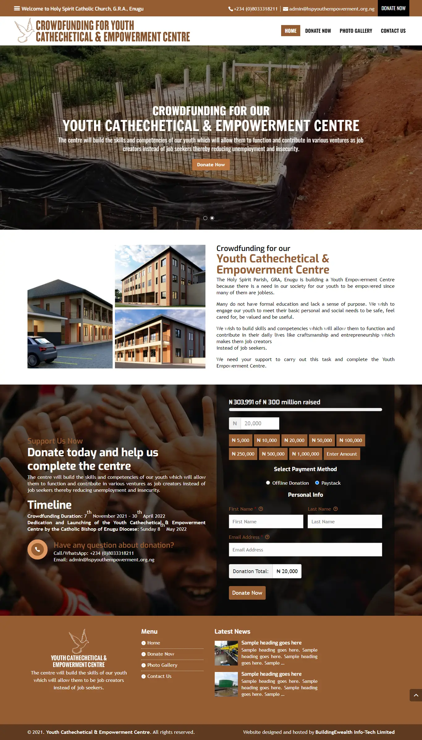 HSP Youth Cathechetical & Empowerment Centre Religious website homepage showing donations, youth empowerment, and fundraisings