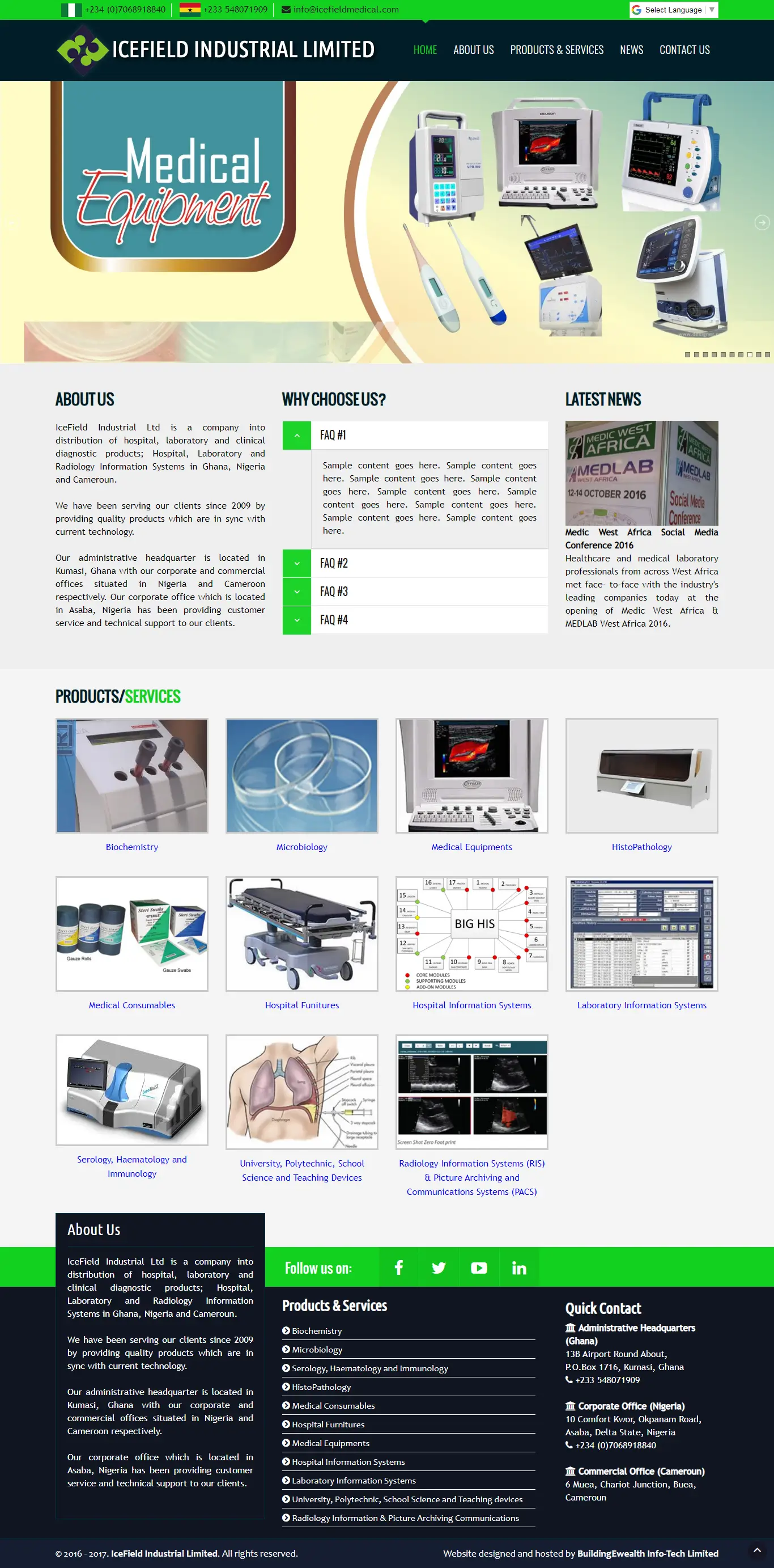 Icefield Industrial Limited Medical Devices website homepage showing medical equipment, laboratory systems, and healthcare products