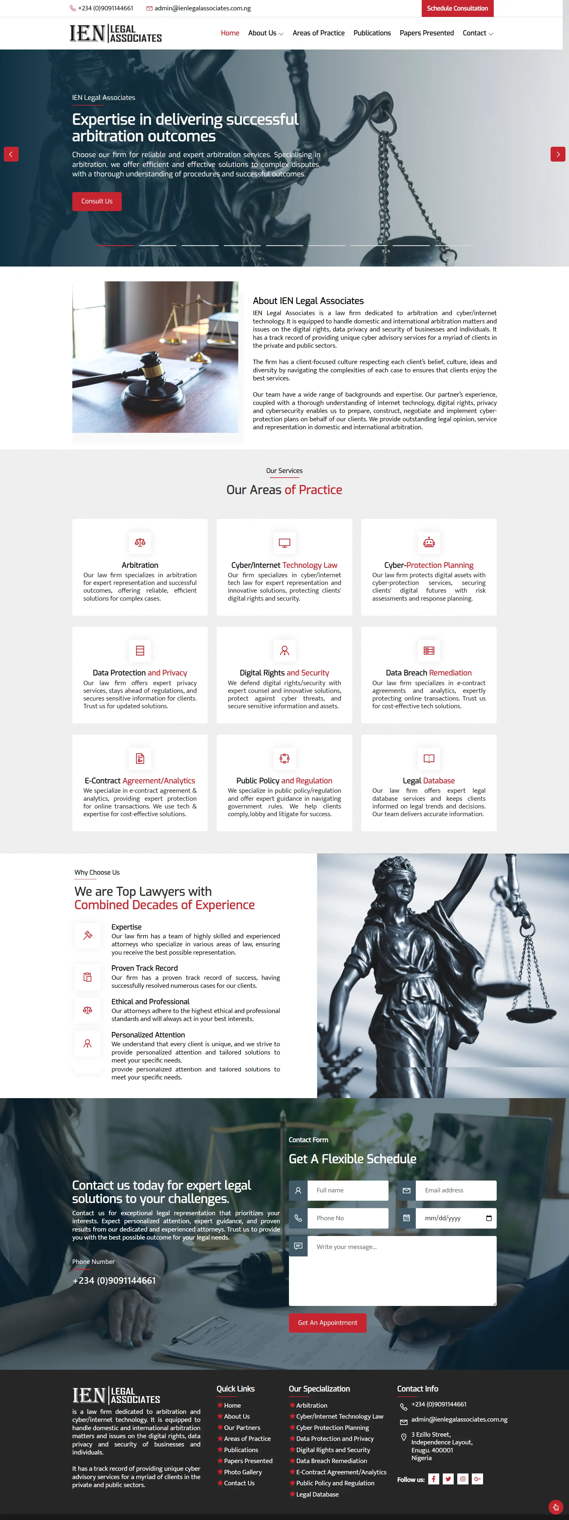 IEN Legal Associates Legal website homepage showing cyber law practice areas, legal consultation, and privacy protection services