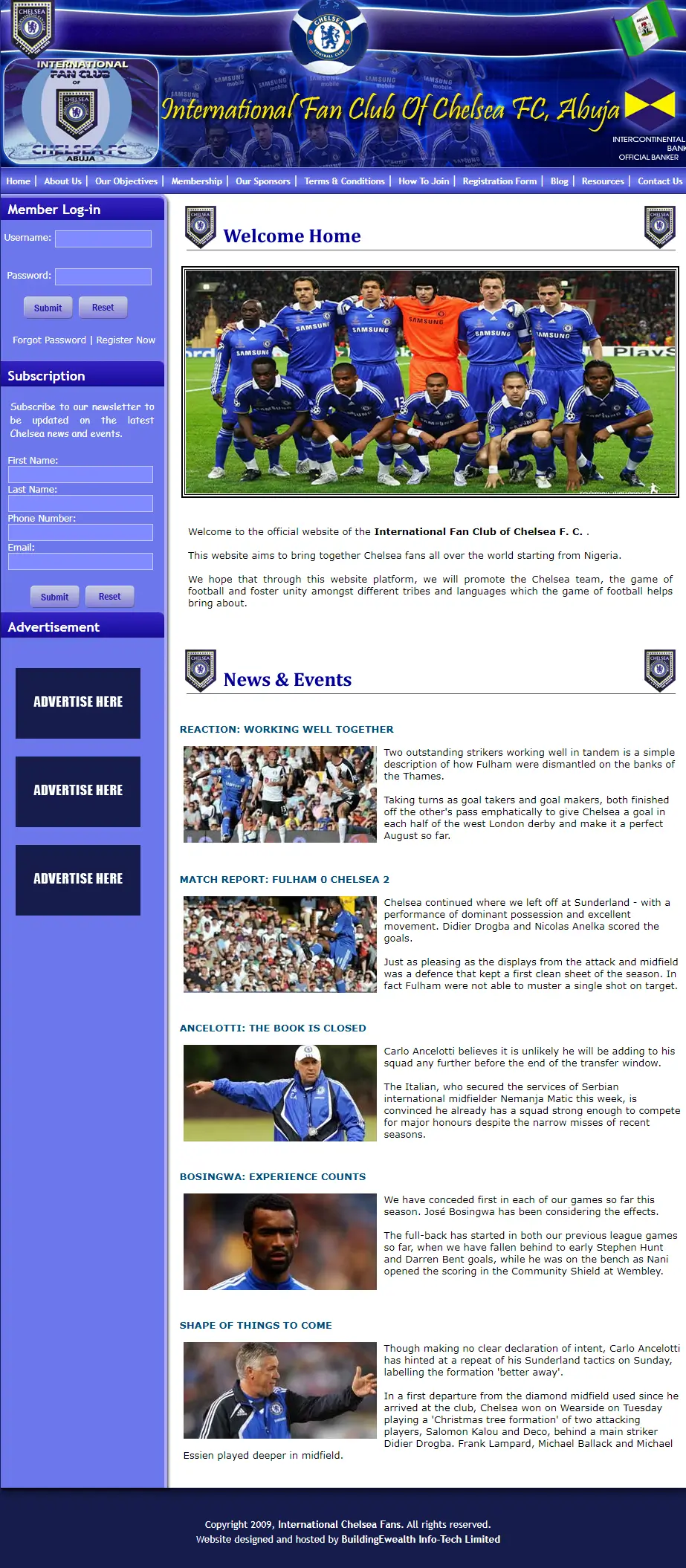 International Fan Club of Chelsea FC Sports website homepage showing Chelsea team photos, football news, and fan registration