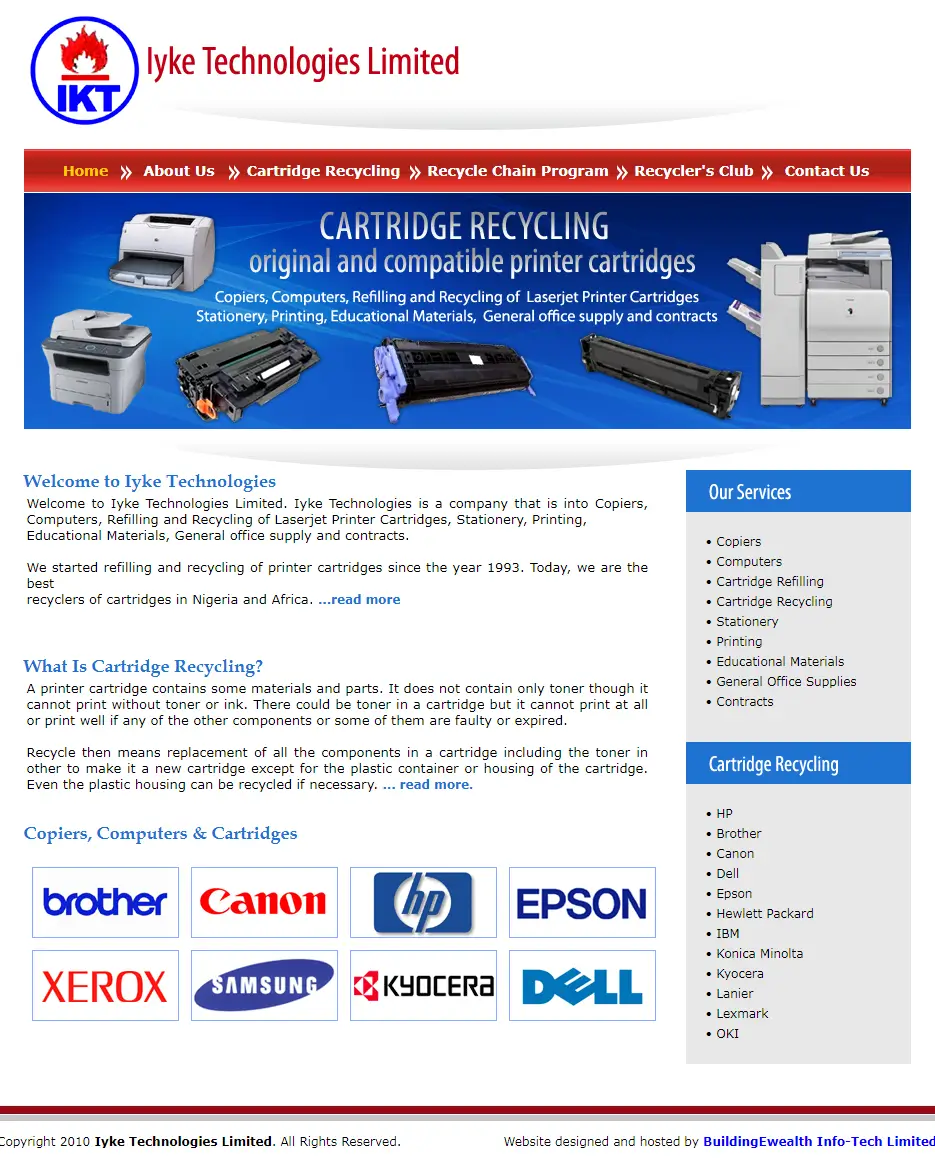 Iyke Technologies Limited Technology website homepage showing cartridge recycling, printer supplies, and copier brands