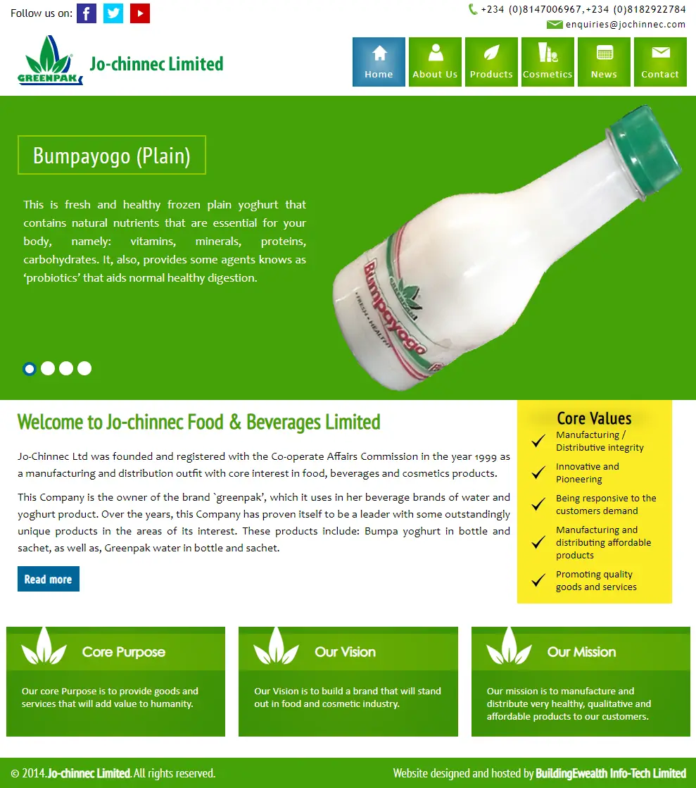 Jo-Chinnec Food & Beverages Limited website homepage showing yoghurt products, beverages, and company information