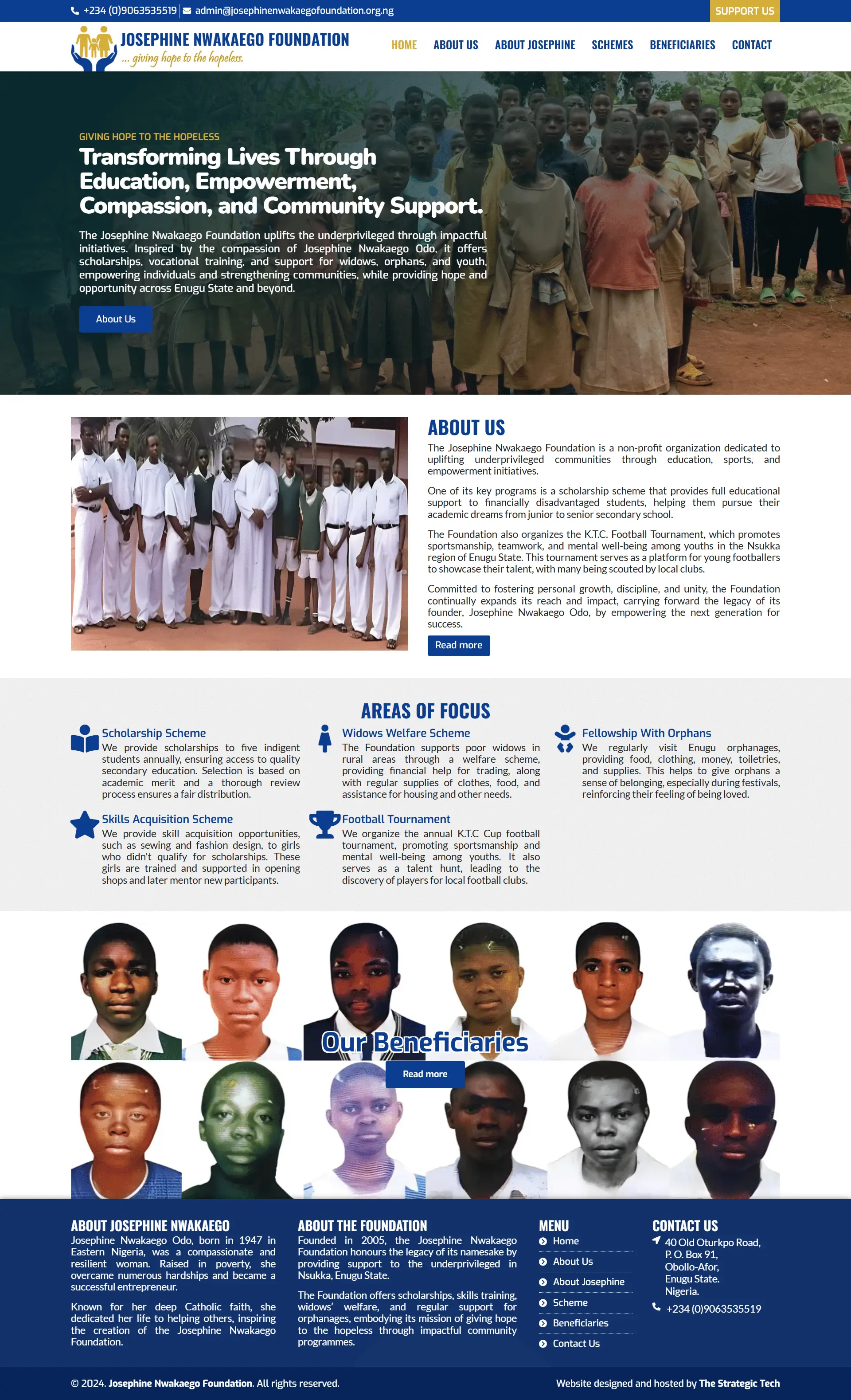 Josephine Nwakaego Foundation Nonprofit website homepage showing scholarships, community empowerment, and orphan care programs