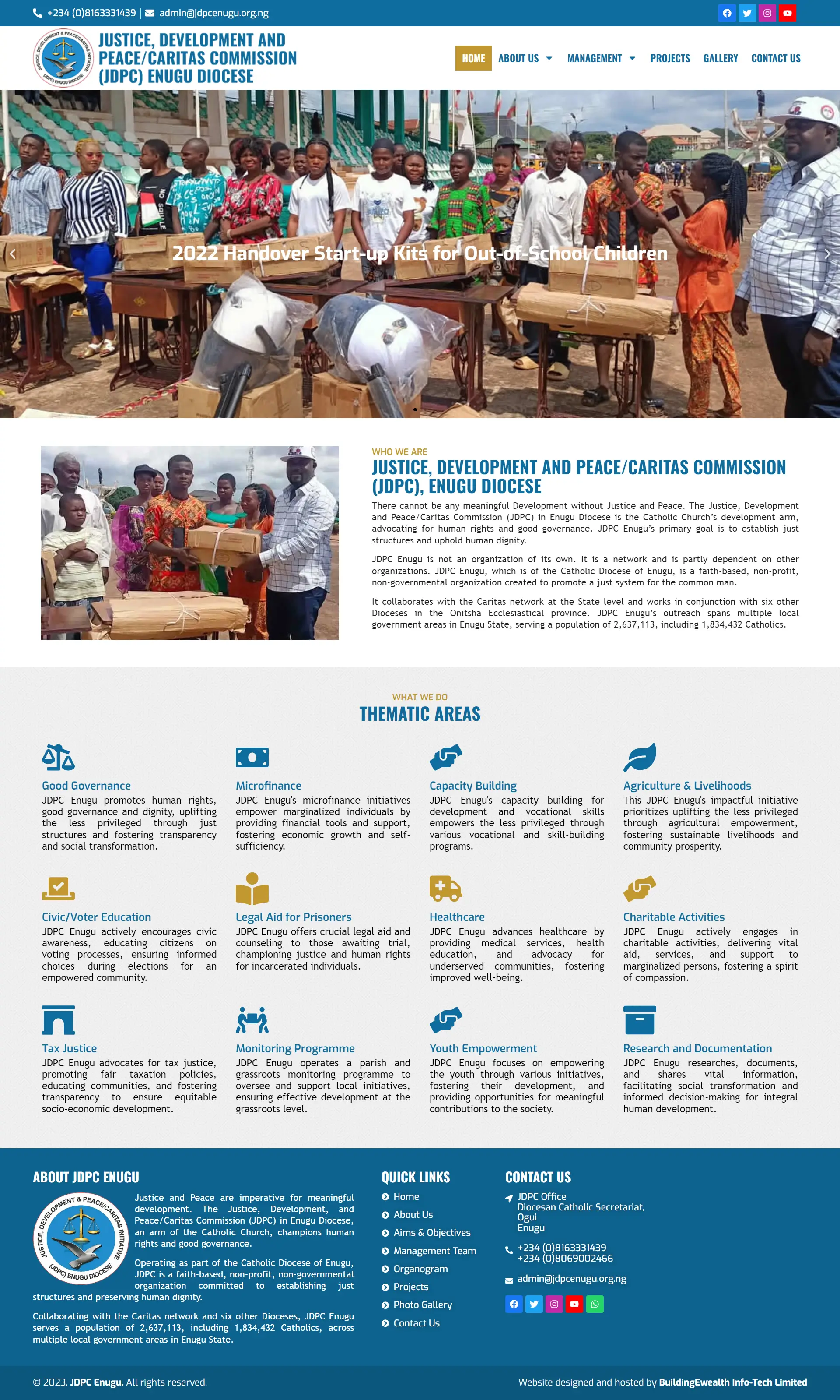 Justice Development and Peace/Caritas Commission Enugu Nonprofit website homepage showing community empowerment projects