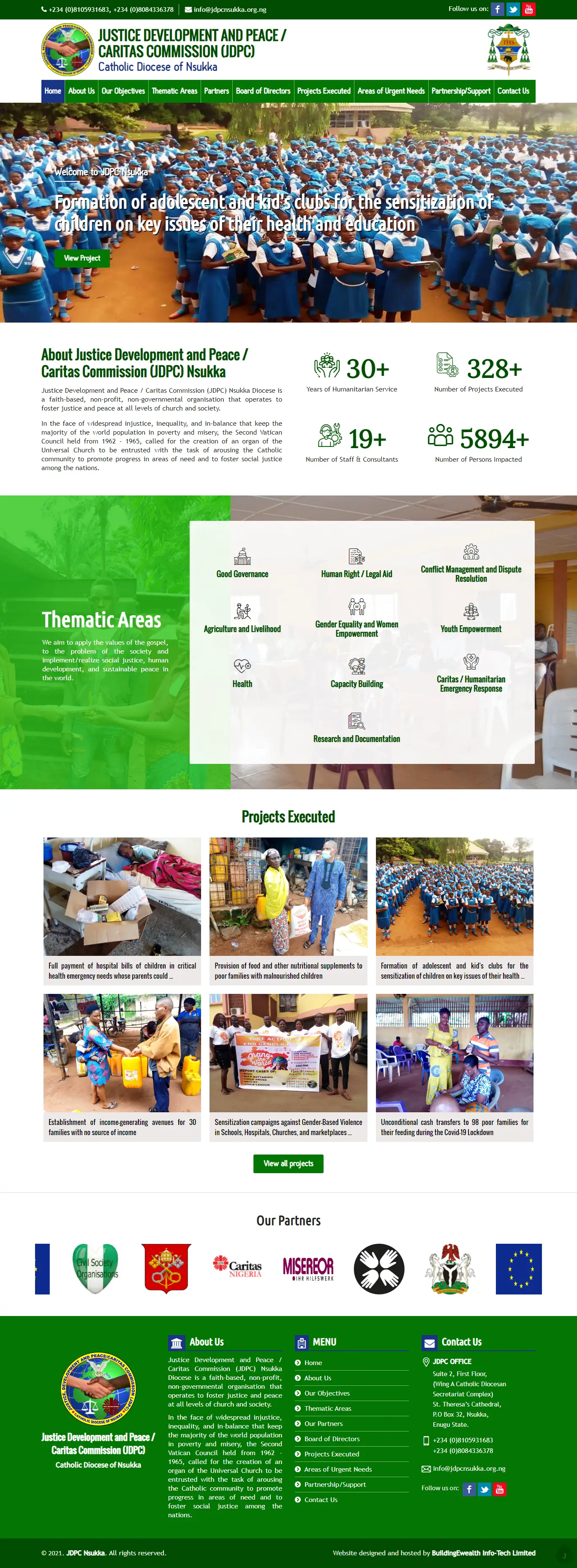 Justice Development and Peace/Caritas Commission Nsukka Nonprofit website homepage showing their areas of focus and projects