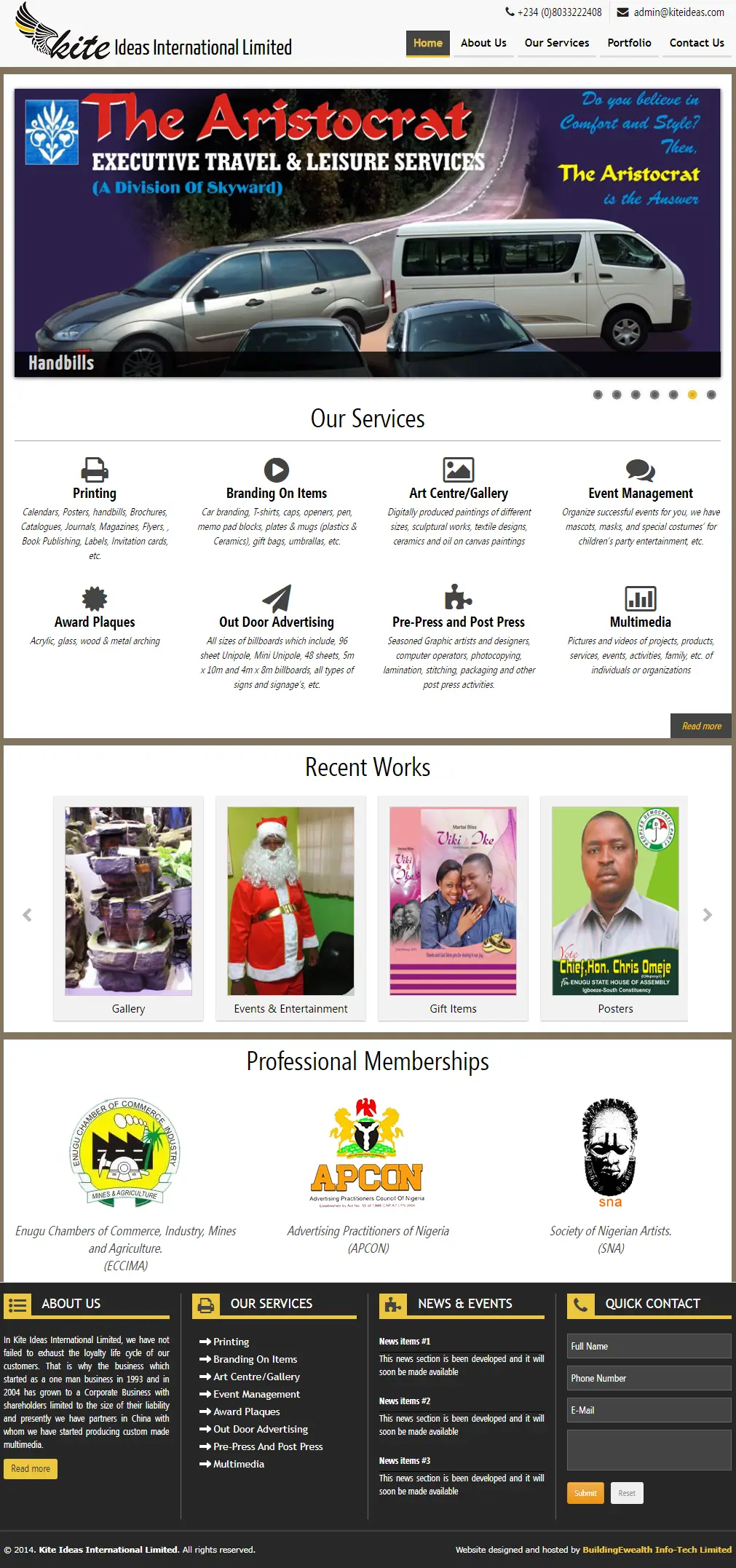 Kite Ideas International Limited Advertising website homepage showing branding and printing services, and event management