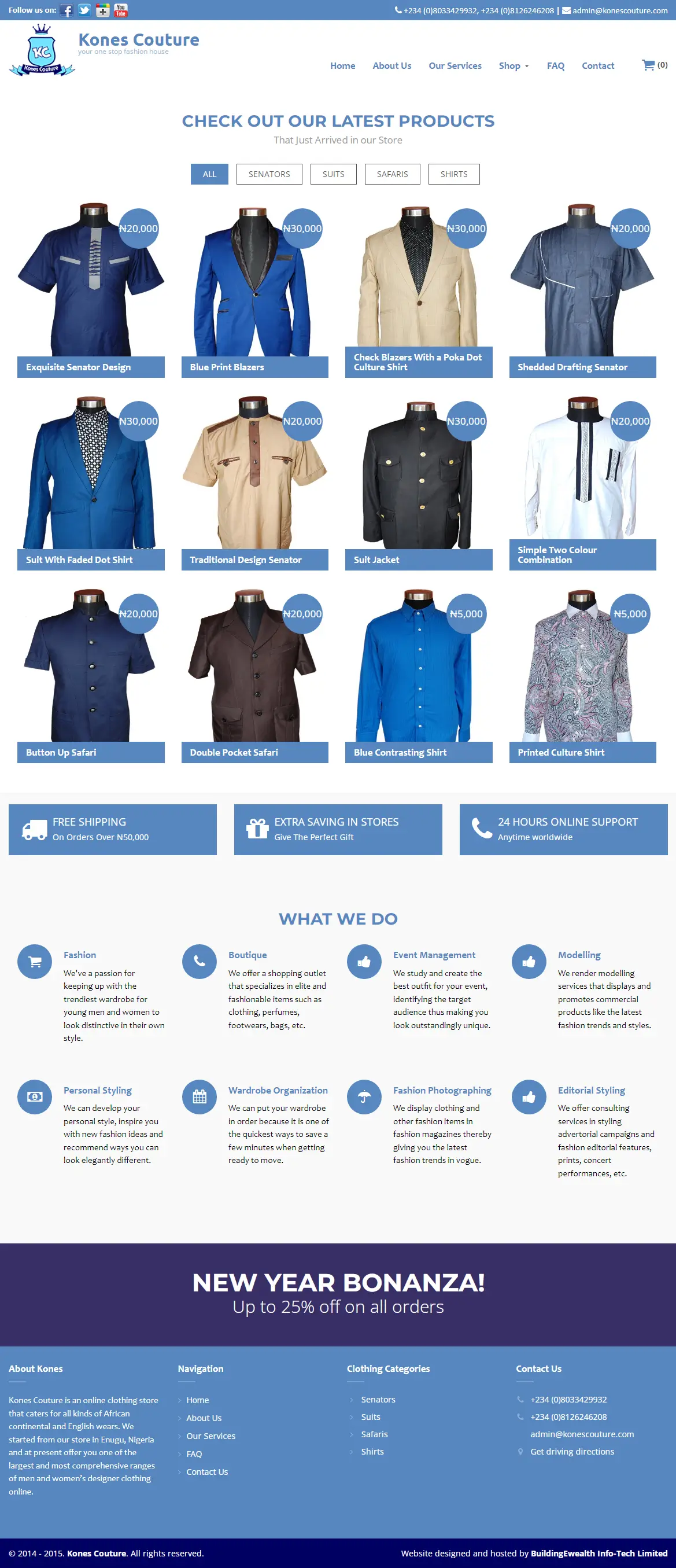 Kones Couture Fashion website homepage showing clothing products, fashion categories, styling services, and boutique offerings
