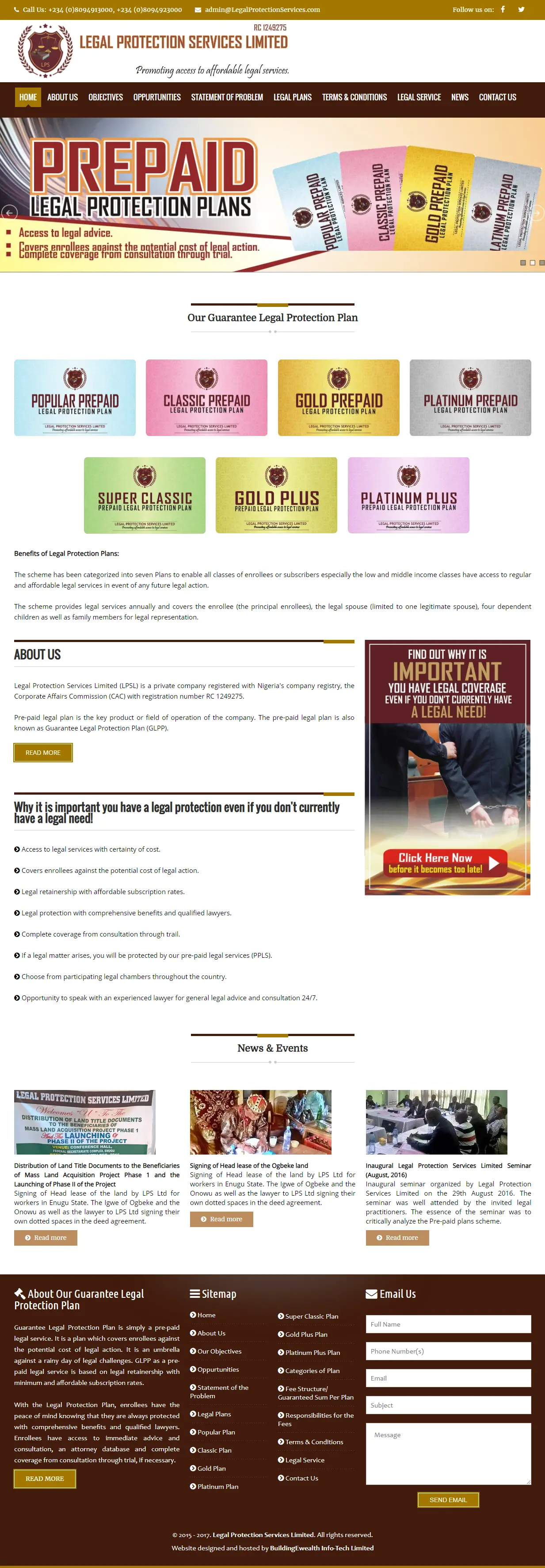Legal Protection Services Limited Insurance website homepage showing prepaid legal plans, benefits, and legal coverage options