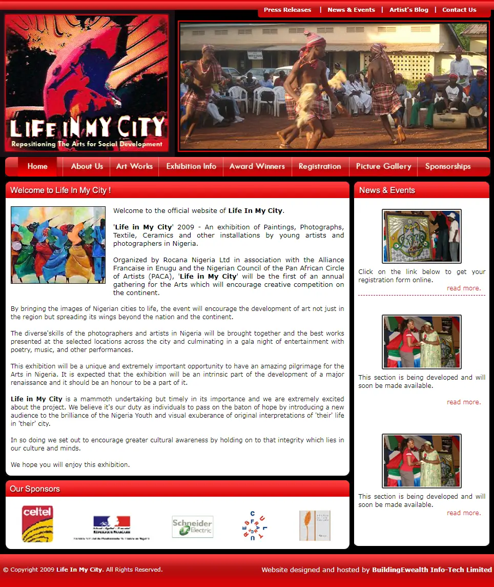 Life In My City Events website homepage showing art exhibition information, news updates, sponsors, and featured artworks