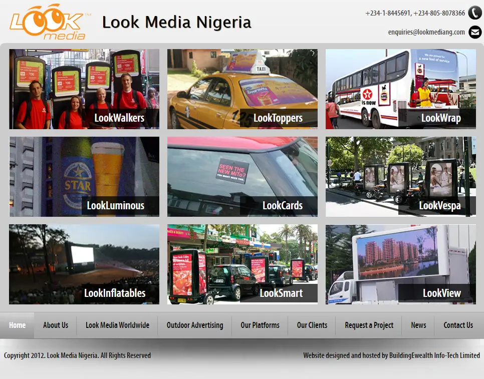 Look Media Nigeria Advertising website homepage showing outdoor advertising platforms, branding displays, and media campaigns
