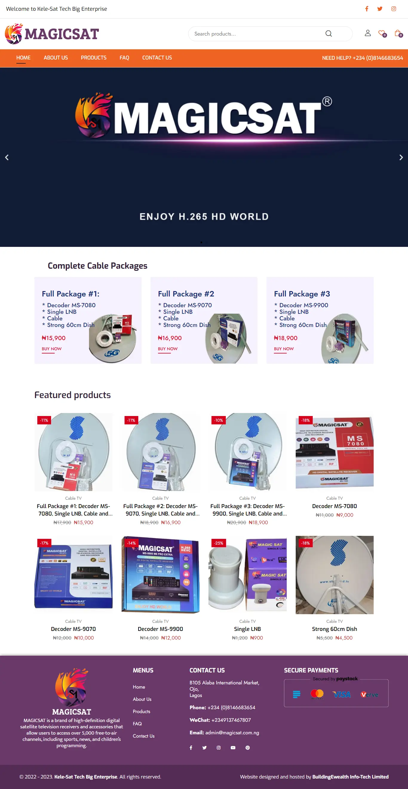 MAGICSAT Telecommunications website homepage showing cable packages, satellite products, featured devices, and online shopping