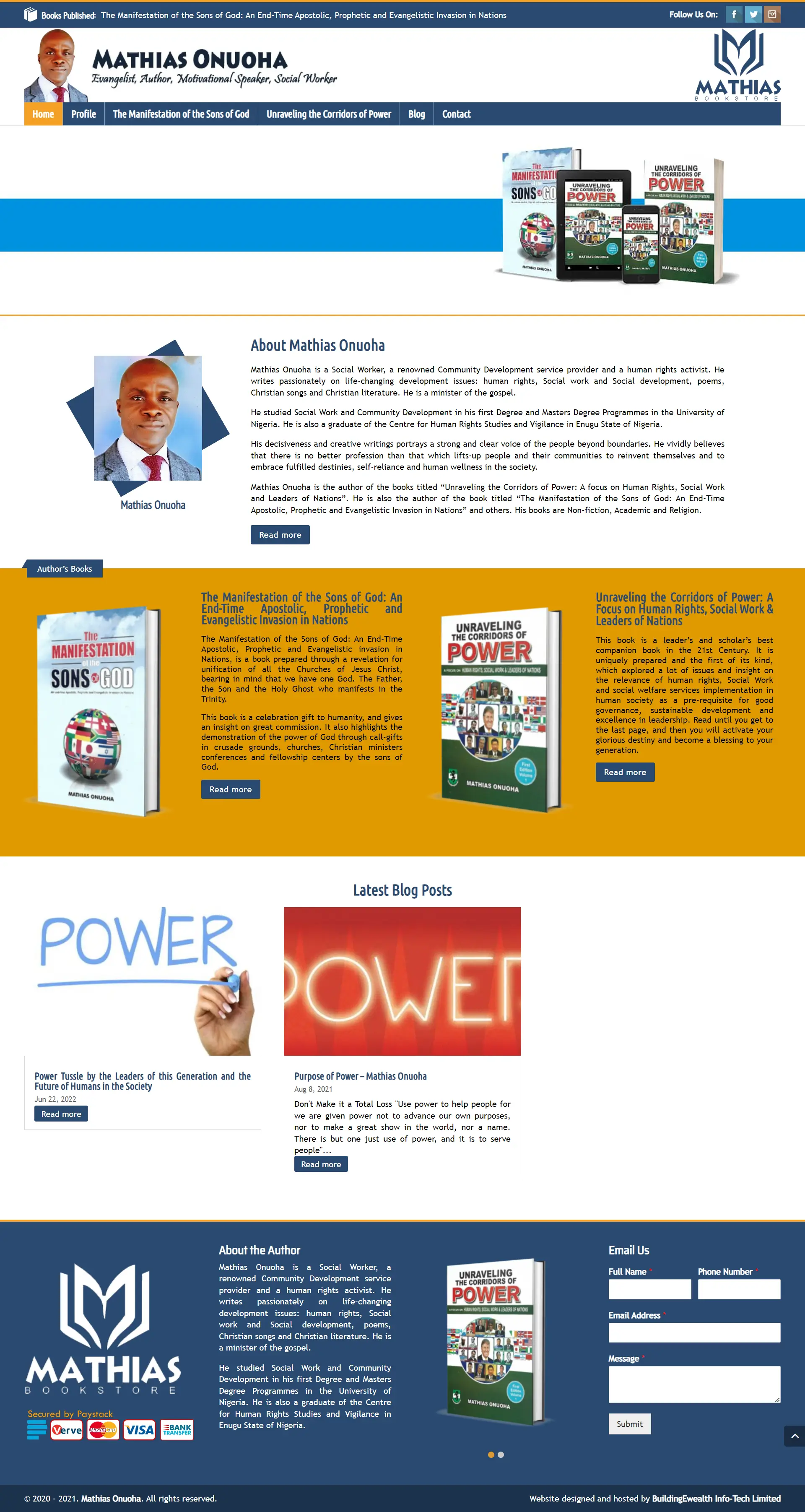 Mathias Onuoha Authors website homepage showing published books, author profile, blog posts, and bookstore information