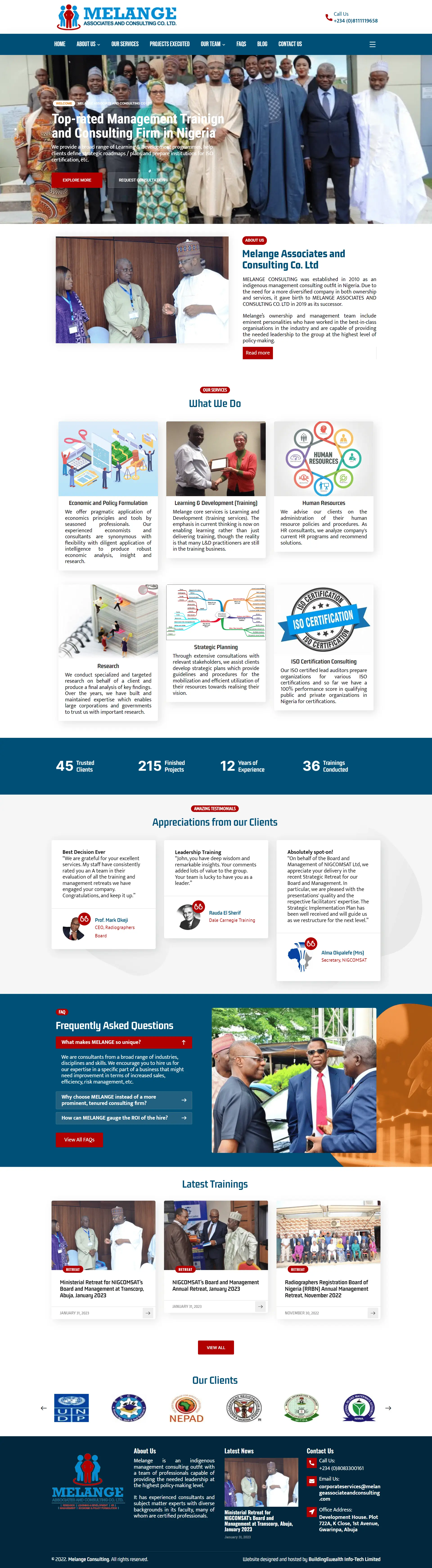 Melange Associates and Consulting Co. Ltd Consulting website homepage showing training programs and business solutions