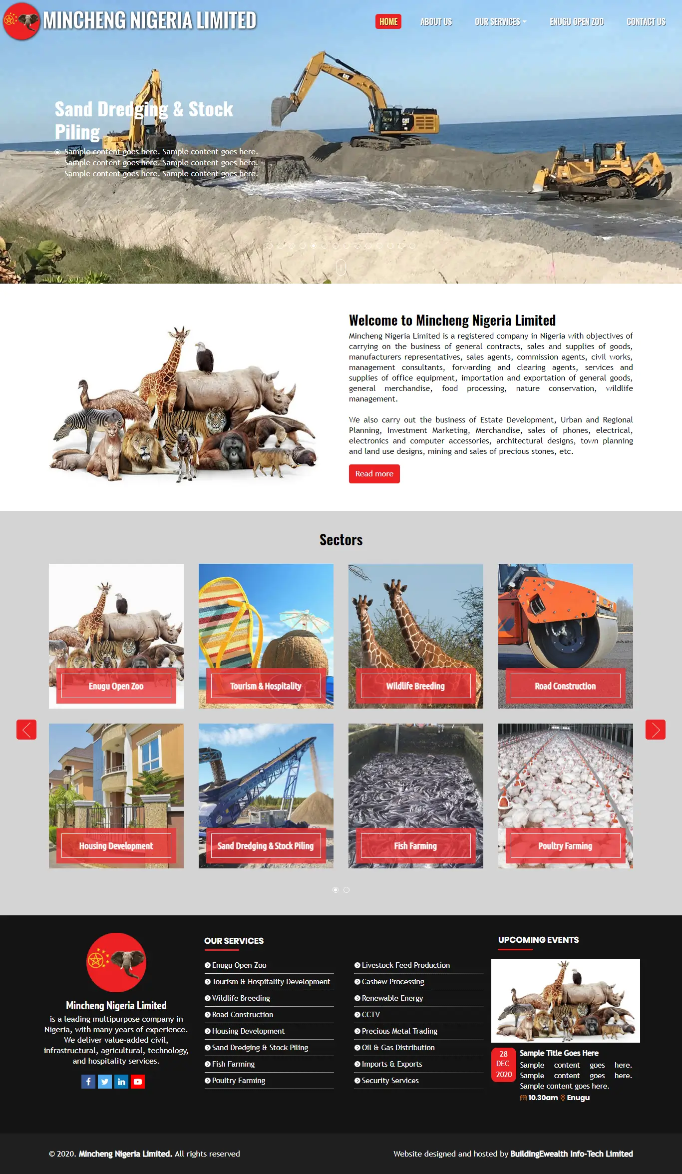 Mincheng Nigeria Limited Conglomerate website homepage showing construction, tourism, farming, dredging, and infrastructure