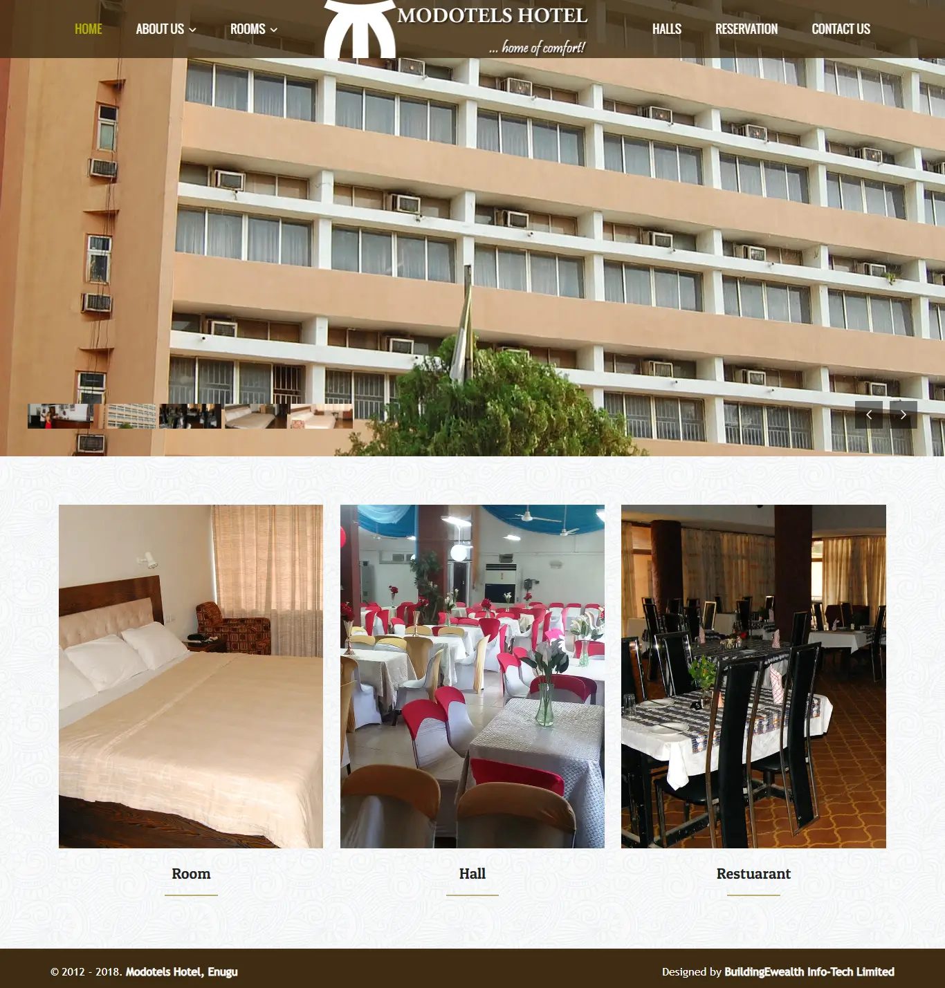 Modotels Hotels website homepage showing accommodations, halls, restaurant facilities, reservations, and hospitality services