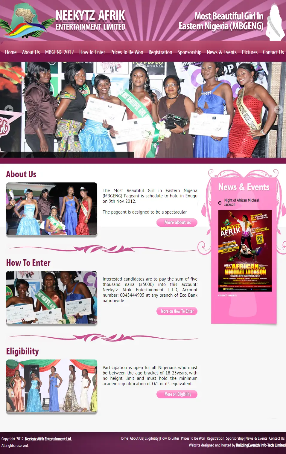 Most Beautiful Girl in Eastern Nigeria Events website homepage showing pageant registration, eligibility, and sponsorship details