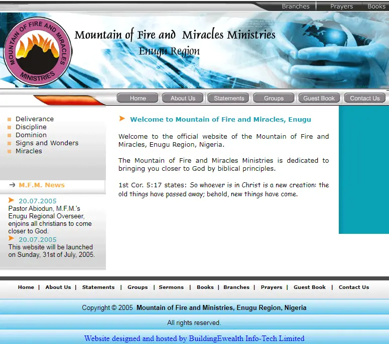 Mountain of Fire Ministries, Enugu Region Religious website homepage showing church information, sermons, and prayer resources