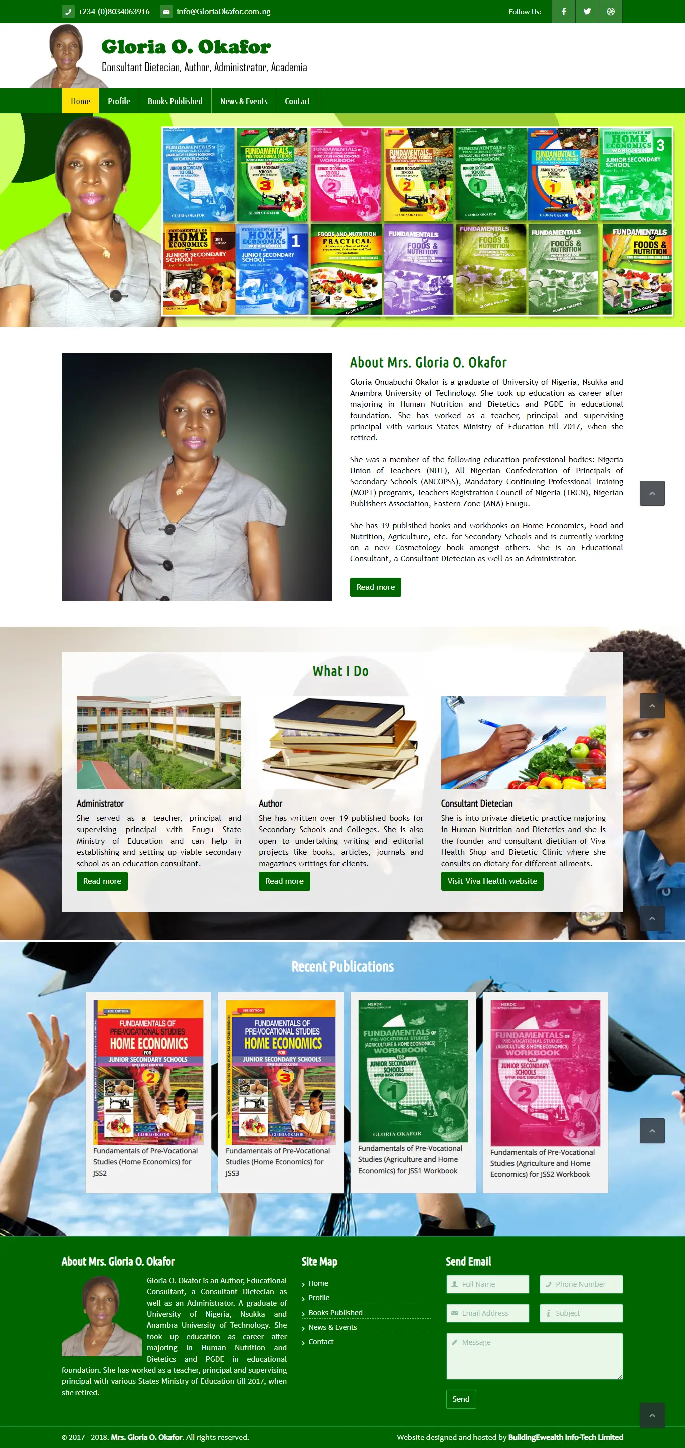 Mrs. Gloria O. Okafor Authors website homepage showing published books, author profile, consulting, and recent publications