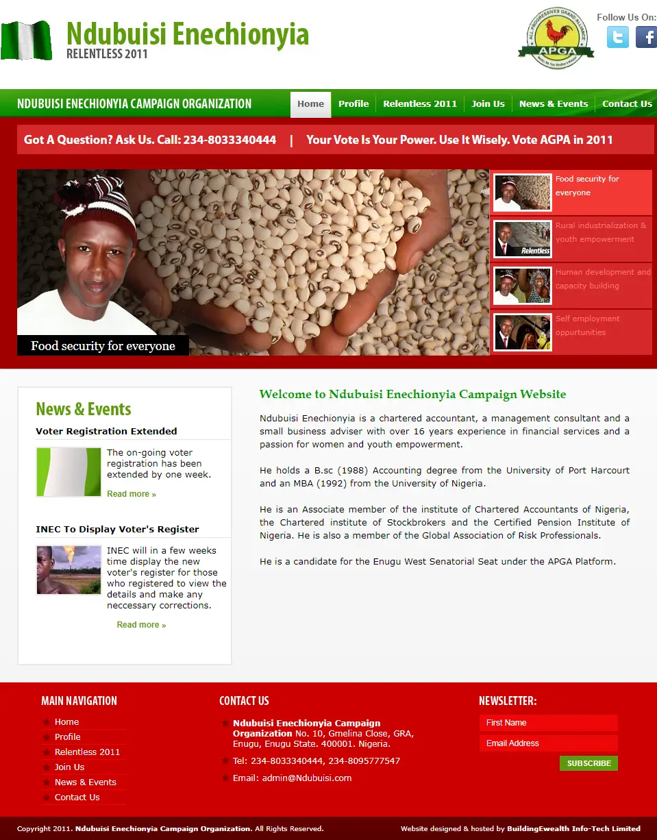Ndubuisi Enehionyia Politics website homepage showing campaign information, voter messages, and empowerment initiatives