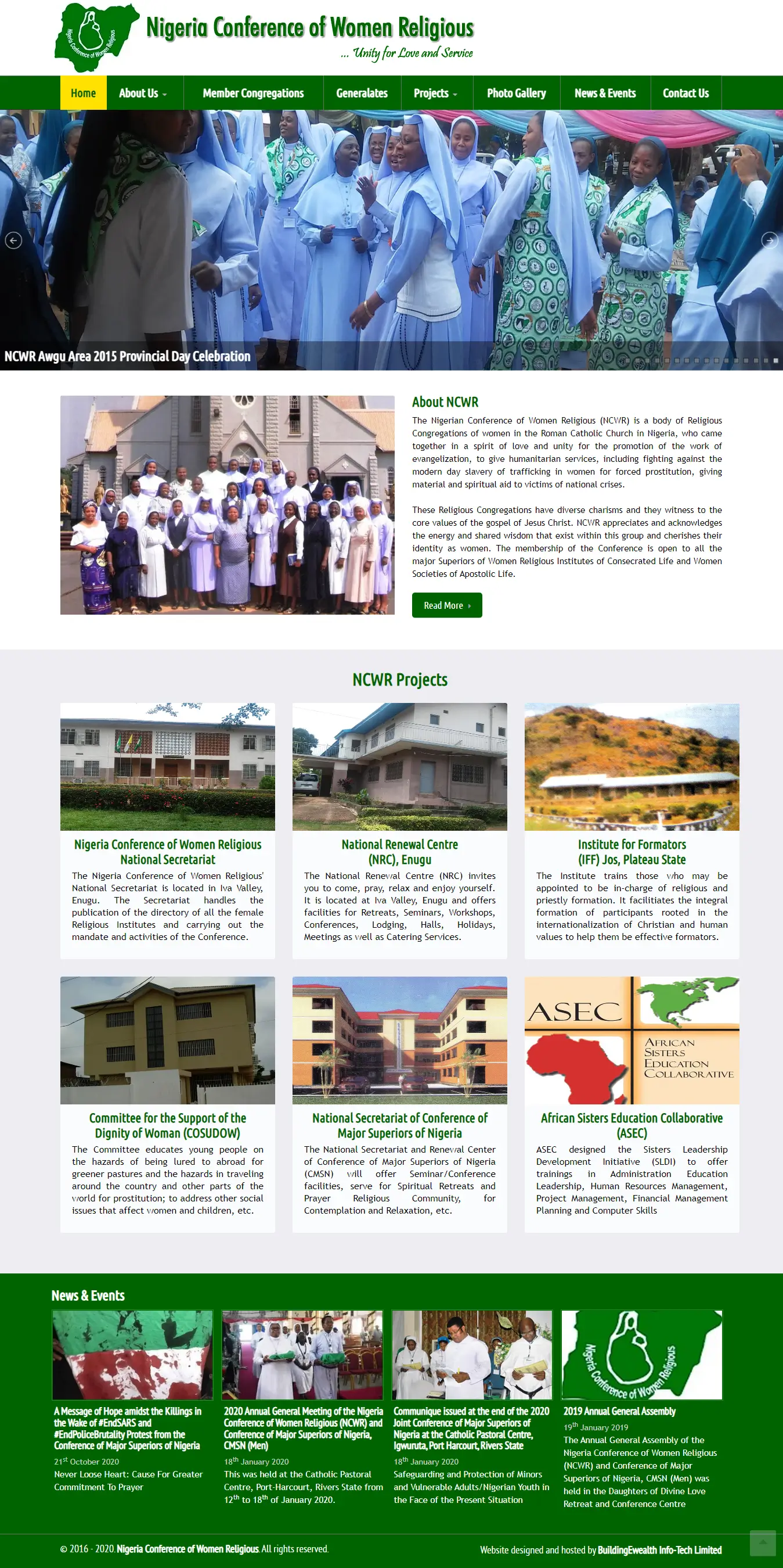 Nigeria Conference of Women Religious website homepage showing congregations, conference projects, and community activities