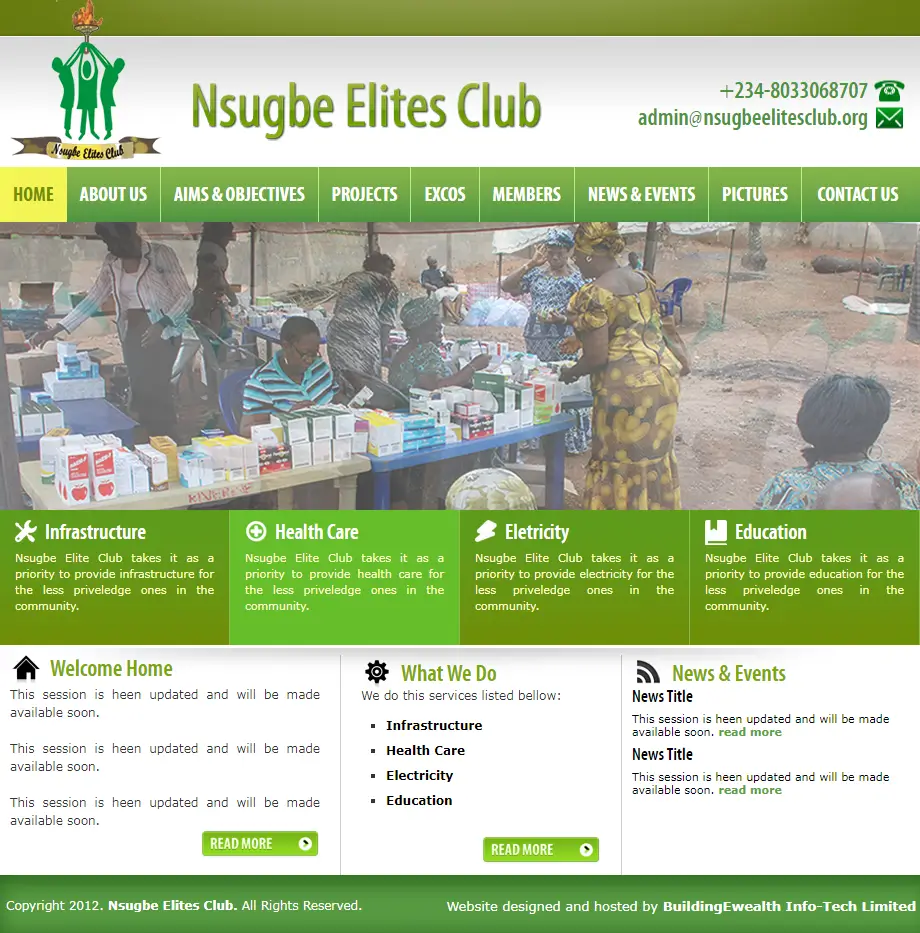 Nsugbe Elites Club Communities website homepage showing healthcare, infrastructure, education, and community development projects