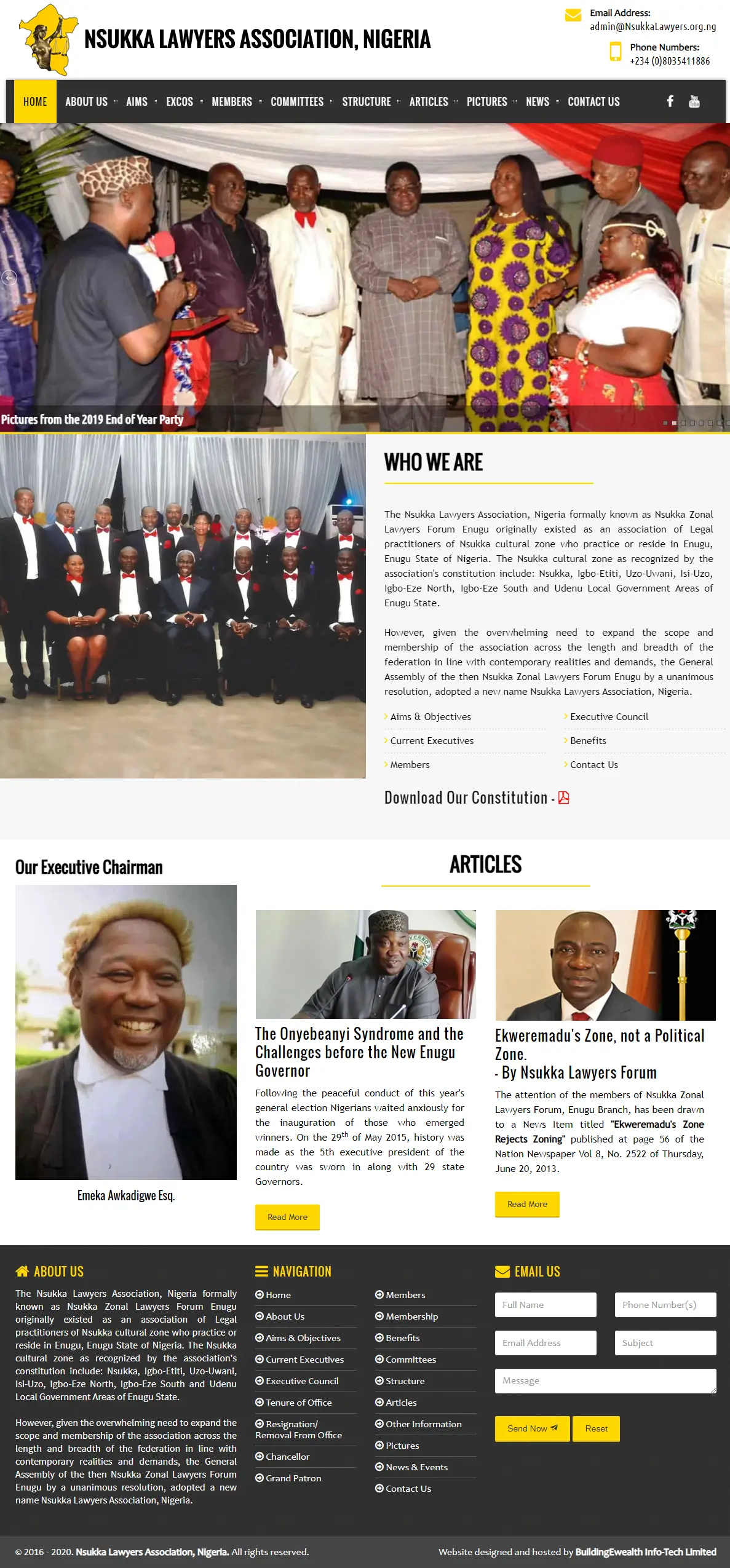 Nsukka Lawyers Association, Nigeria Associations website homepage showing executives, association profile, and legal articles