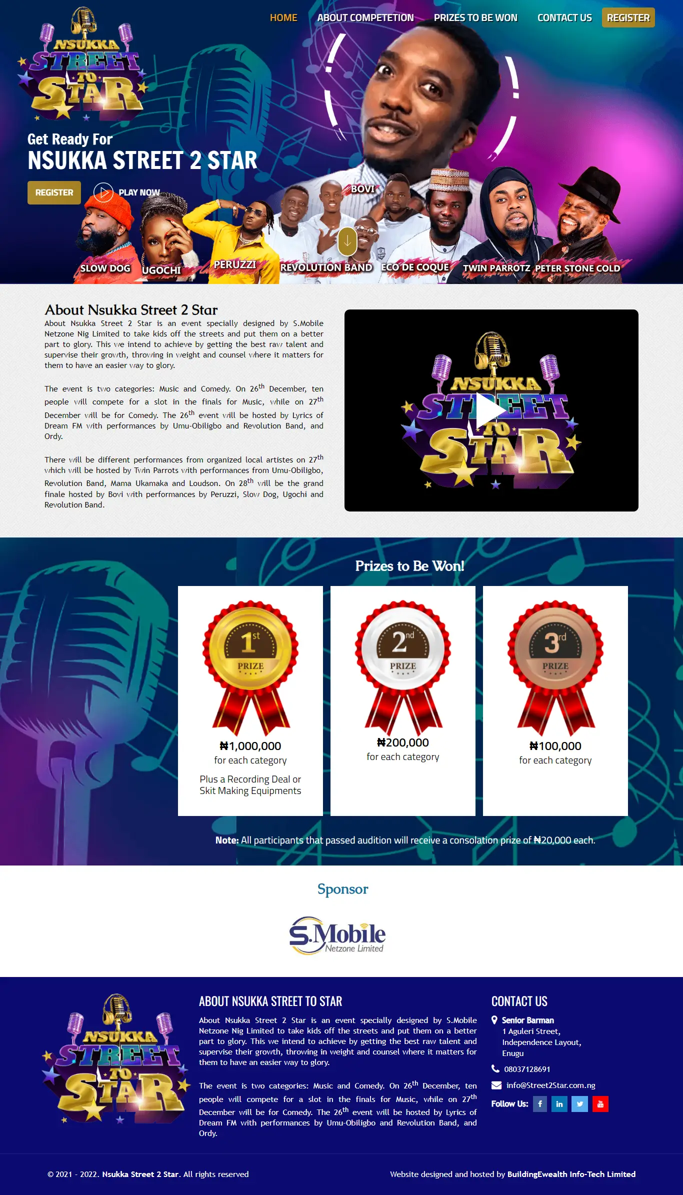 Nsukka Street 2 Star Events website homepage showing music competition, registration, celebrity performers, and prizes