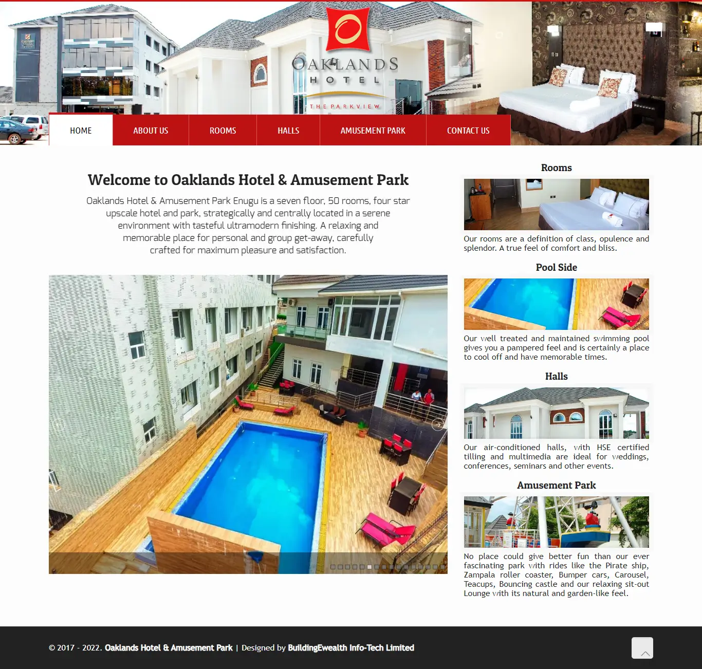 Oaklands Hotel and Amusement Park Hotels website homepage showing luxury rooms, swimming pool, event halls, and amusement park