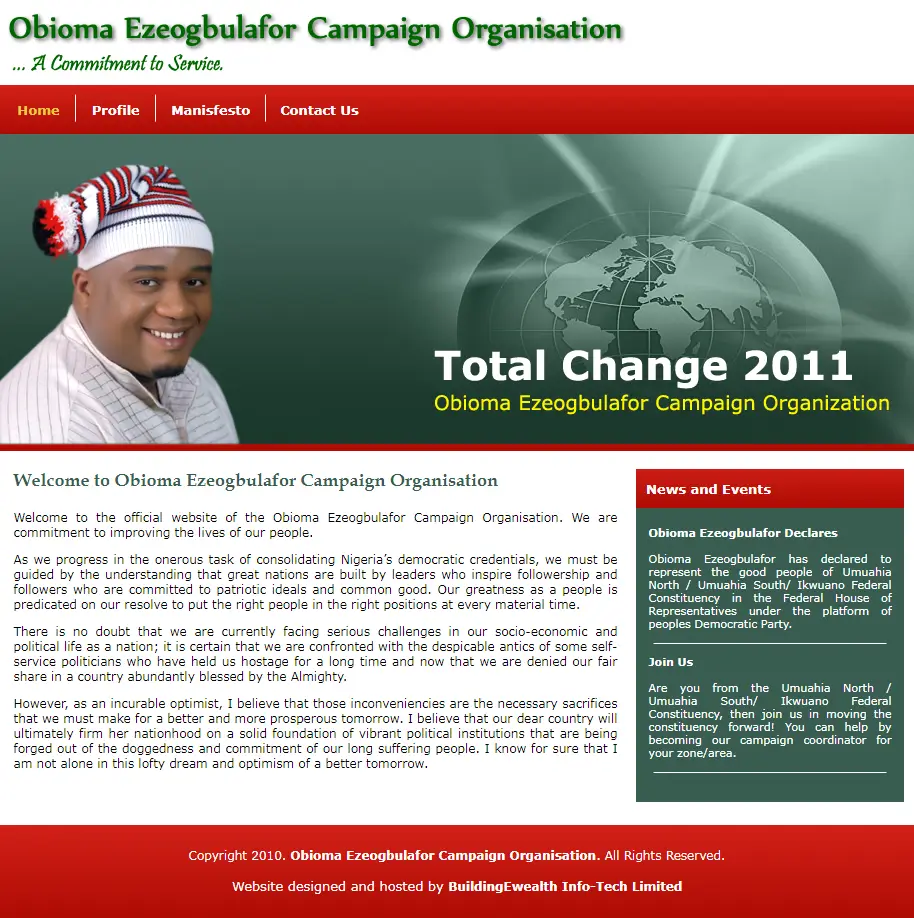 Obioma Ezeogbulafor Campaign Organisation Politics website homepage showing campaign message, candidate profile, and manifesto