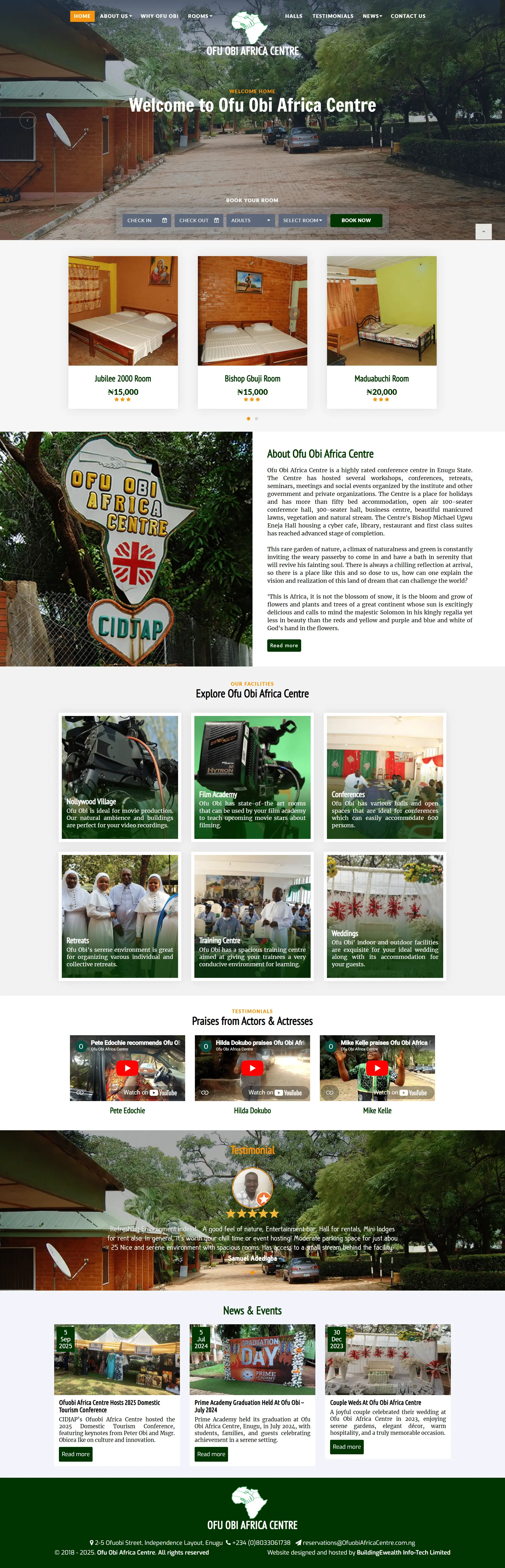 Ofu Obi Africa Centre Hotels website homepage showing accommodations, conference facilities, retreats, and event activities
